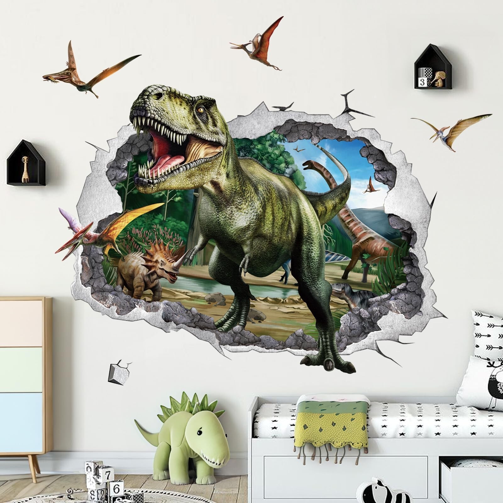 wondever 3D Large Dinosaur Wall Stickers Dino Crack Hole Dinosaur Animal Peel…