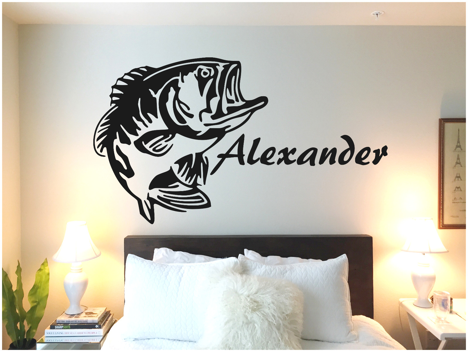 BASS FISH PERSONALIZED w/ NAME 22" WIDE WALL VINYL DECAL BEDROOM COUNTRY ART