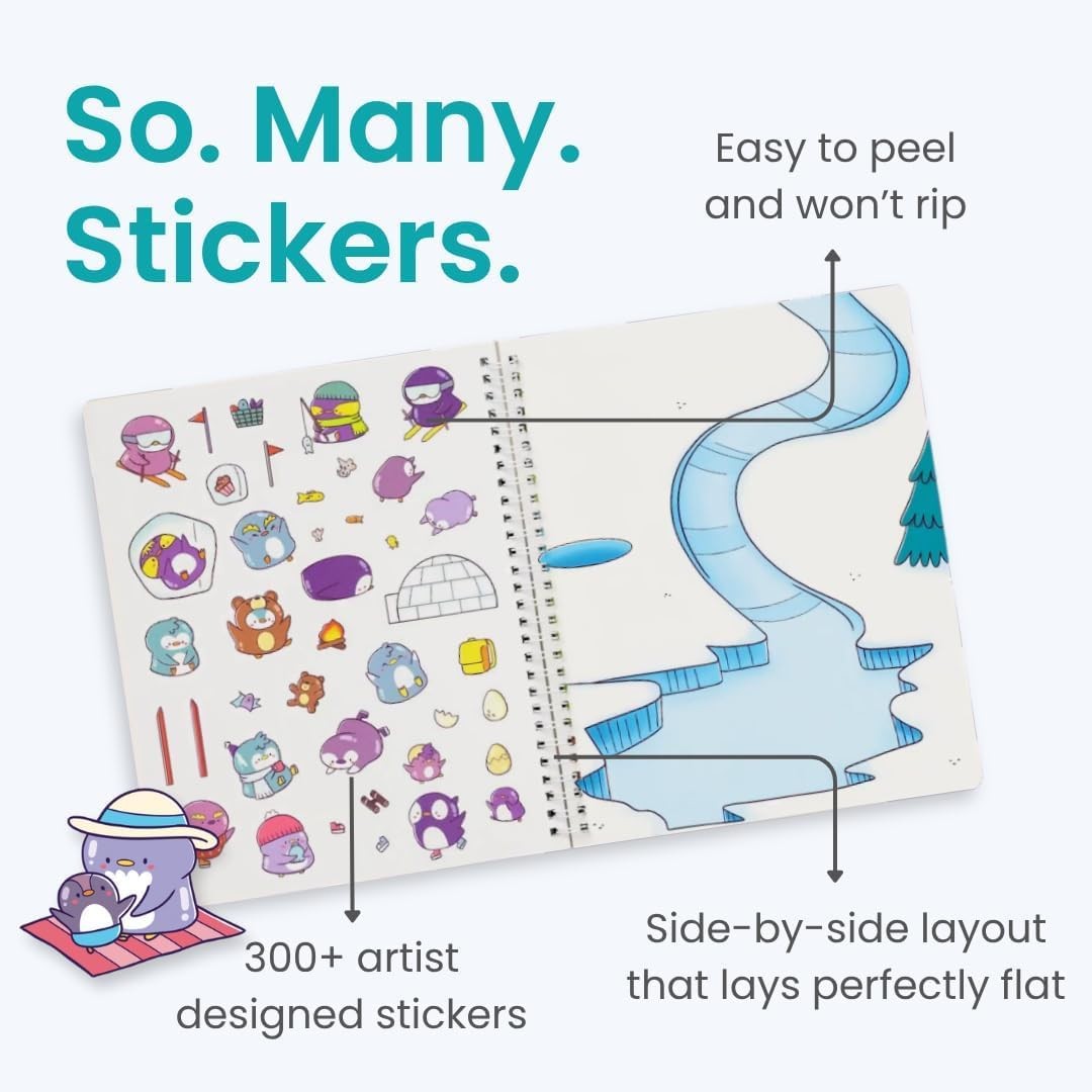CUPKIN Penguin 300+ Kids Sticker Book Airplane Travel 8 Coloring Pages Ages 2-8