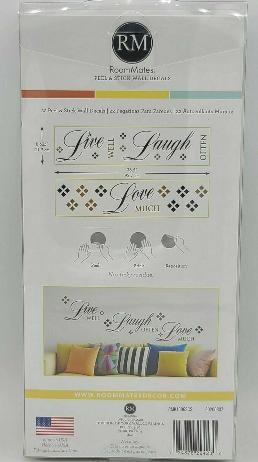 RoomMates RMK1396SCS 7.75" W x 7.75" L Live Laugh Love Peel and Stick Wall Decal