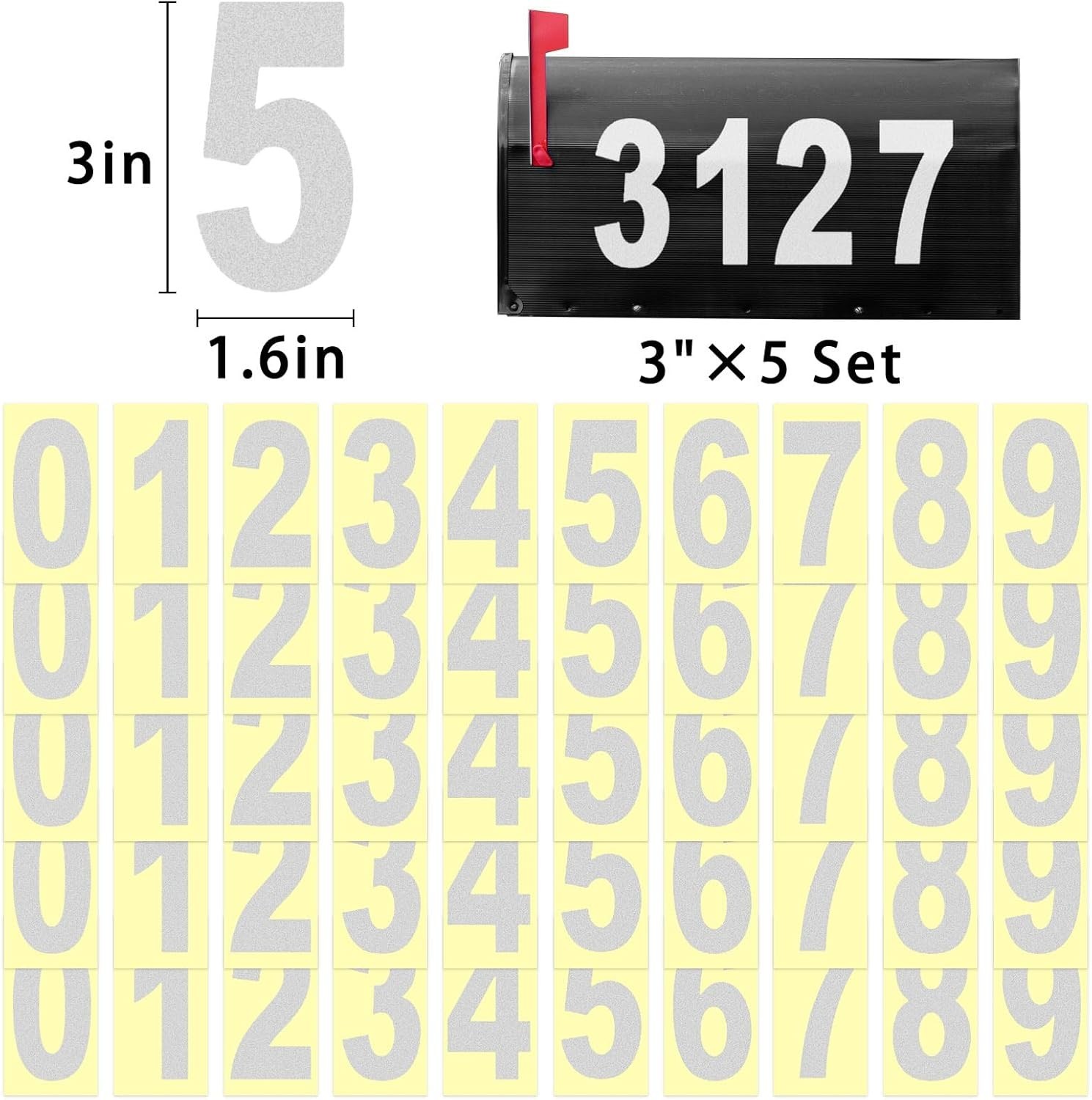 3 inch Reflective Mailbox Numbers Sticker 0-9, 5 Sets for Outside, Strong Sel…