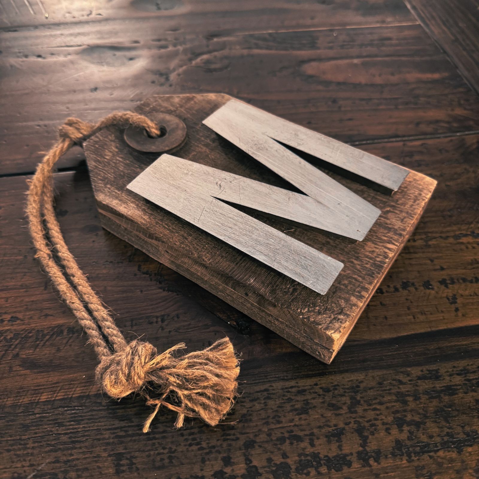 Rustic Wood & Metal Wall Hanging Decor Letter “M” Farmhouse Style Tag Sign