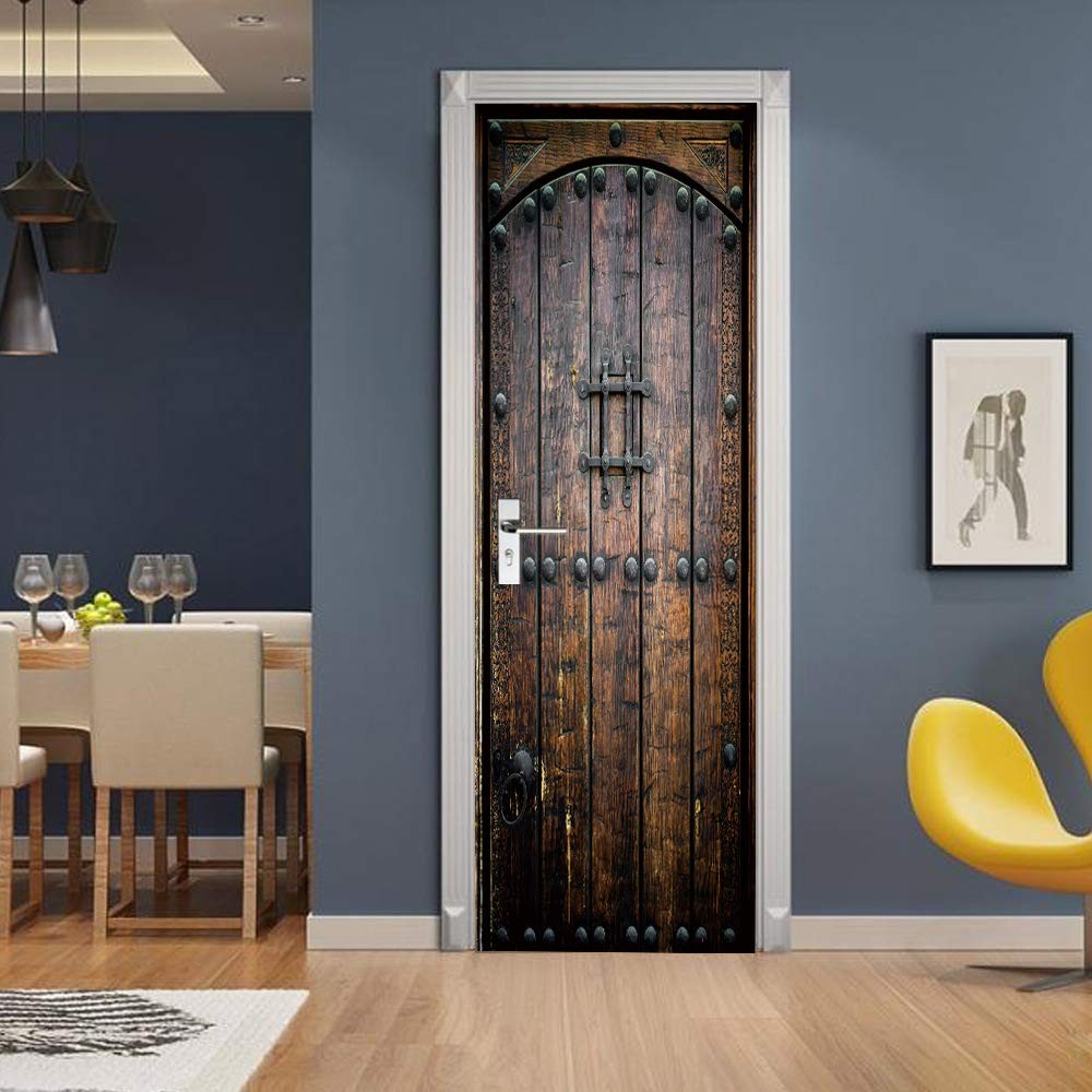 COLORSPRING 3D Dark Wood Door Decal Stickers Peel and Stick, Door Mural Cover…