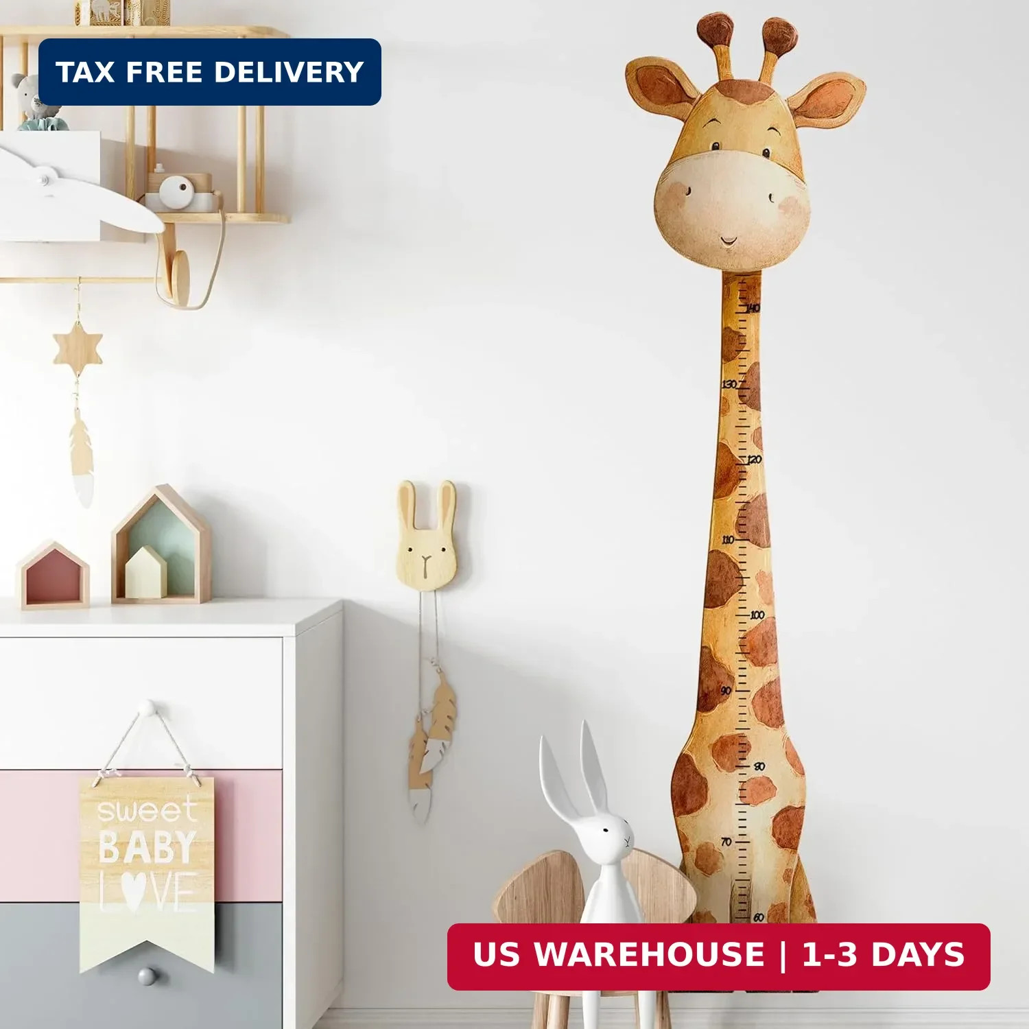 Giraffe Kids Height Wall Decal,Cute Animal Height Stickers, Children's Room Grow