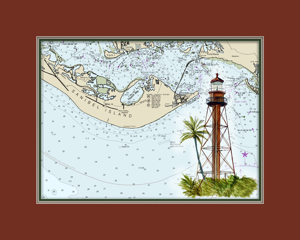 Sanibel Florida Lighthouse and Nautical Chart High Quality Canvas Print