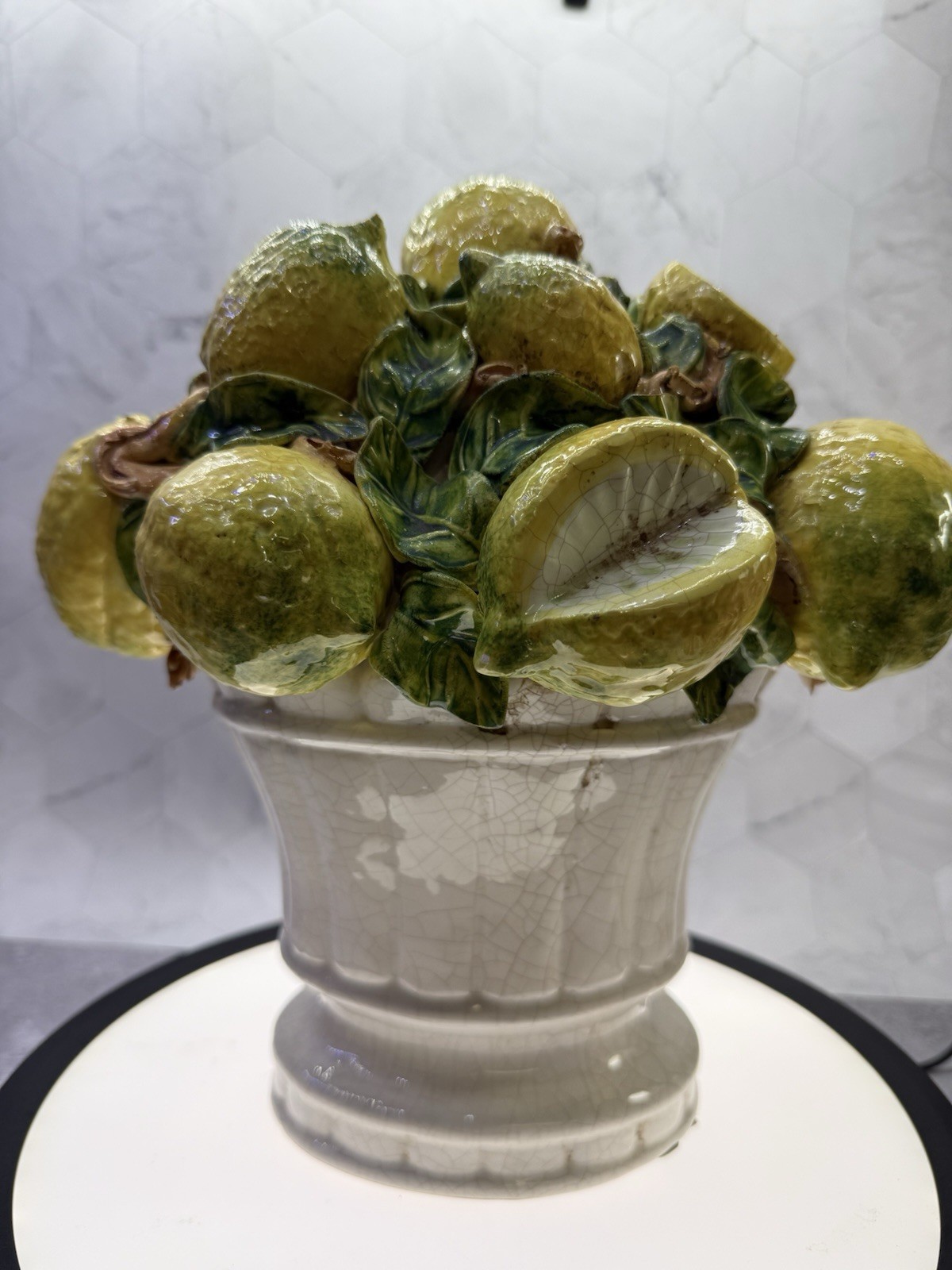 Beautiful decorative Italian Majolica ceramic basket of lemons, Centerpiece.