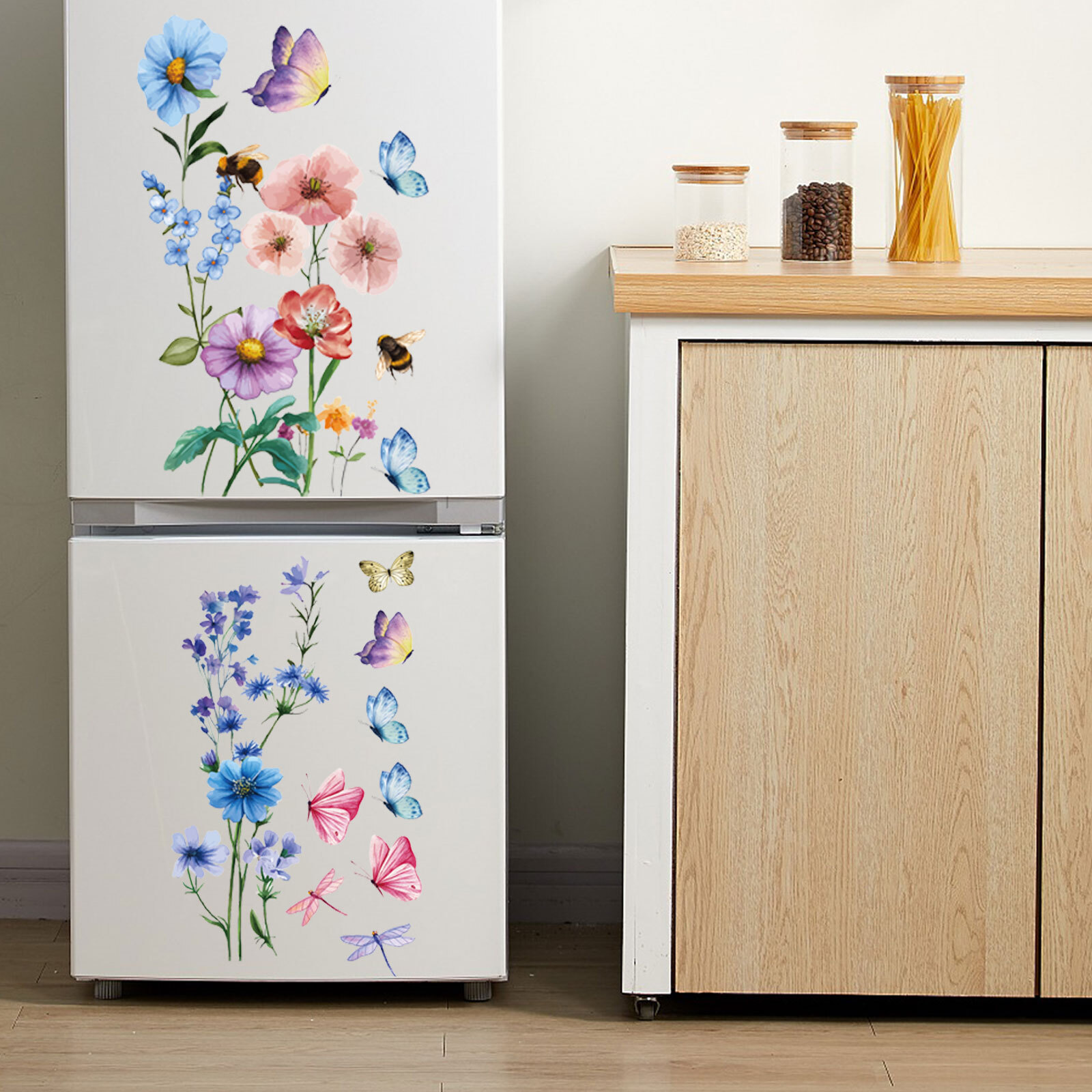 1 Set Colorful Floral Dragonfly Wall Stickers Waterproof Flower Mural Decoration
