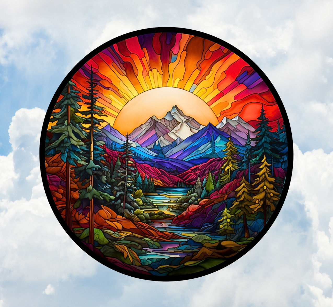 Sunset on Mountains & Trees Faux Stained-Glass WINDOW CLING Size 8" Round Vinyl