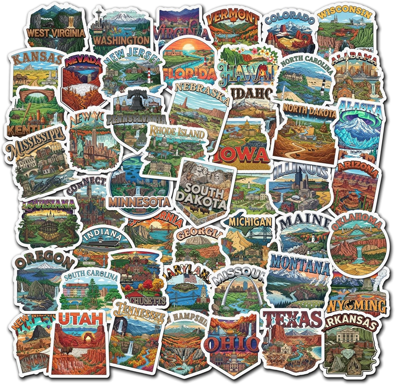 50 PCS States Stickers Map Waterproof Vinyl Decals Pack Travel RV Camper Ac…