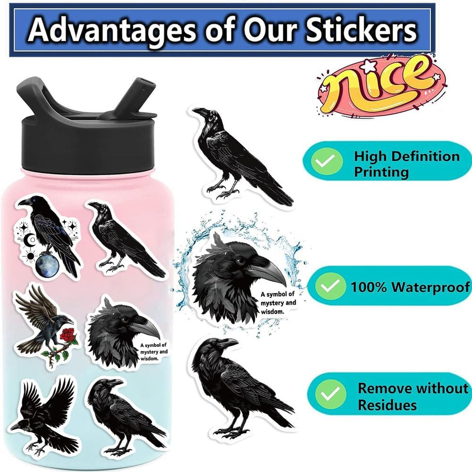Gothic Raven Crow Stickers 50 Waterproof Vinyl Halloween Decorations Scrapbooks