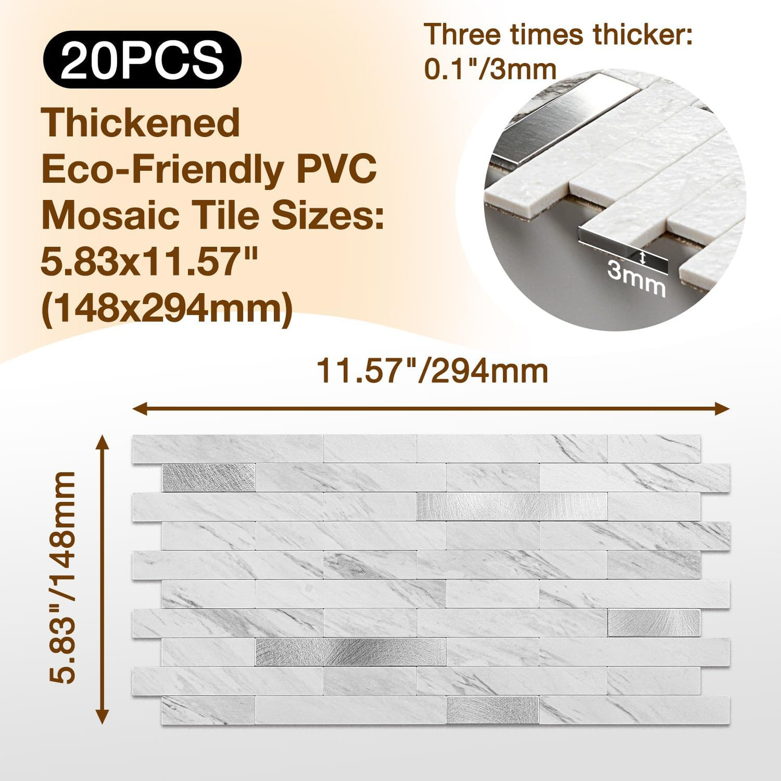 Peel and Stick Backsplash Tile Waterproof PVC Wall Sticker 3D Faux Stone Marble