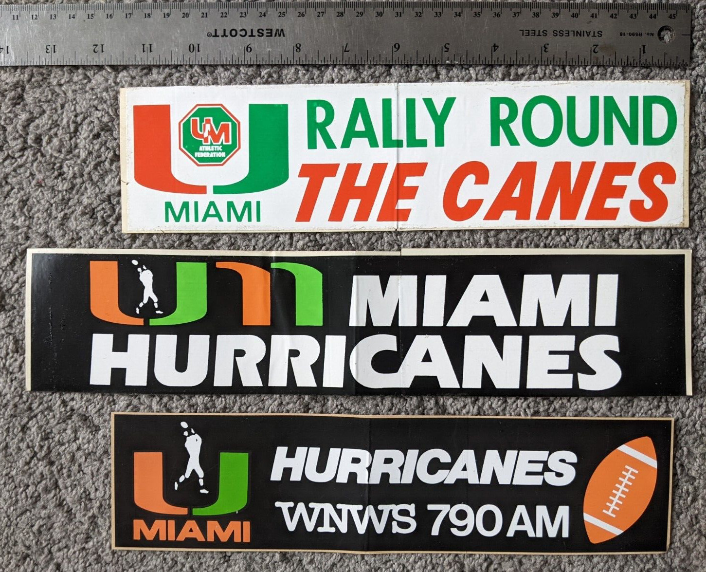 VTG 1980s MIAMI HURRICANES 10" BUMPER STICKER LOT WNWS 790AM FOOTBALL CANES