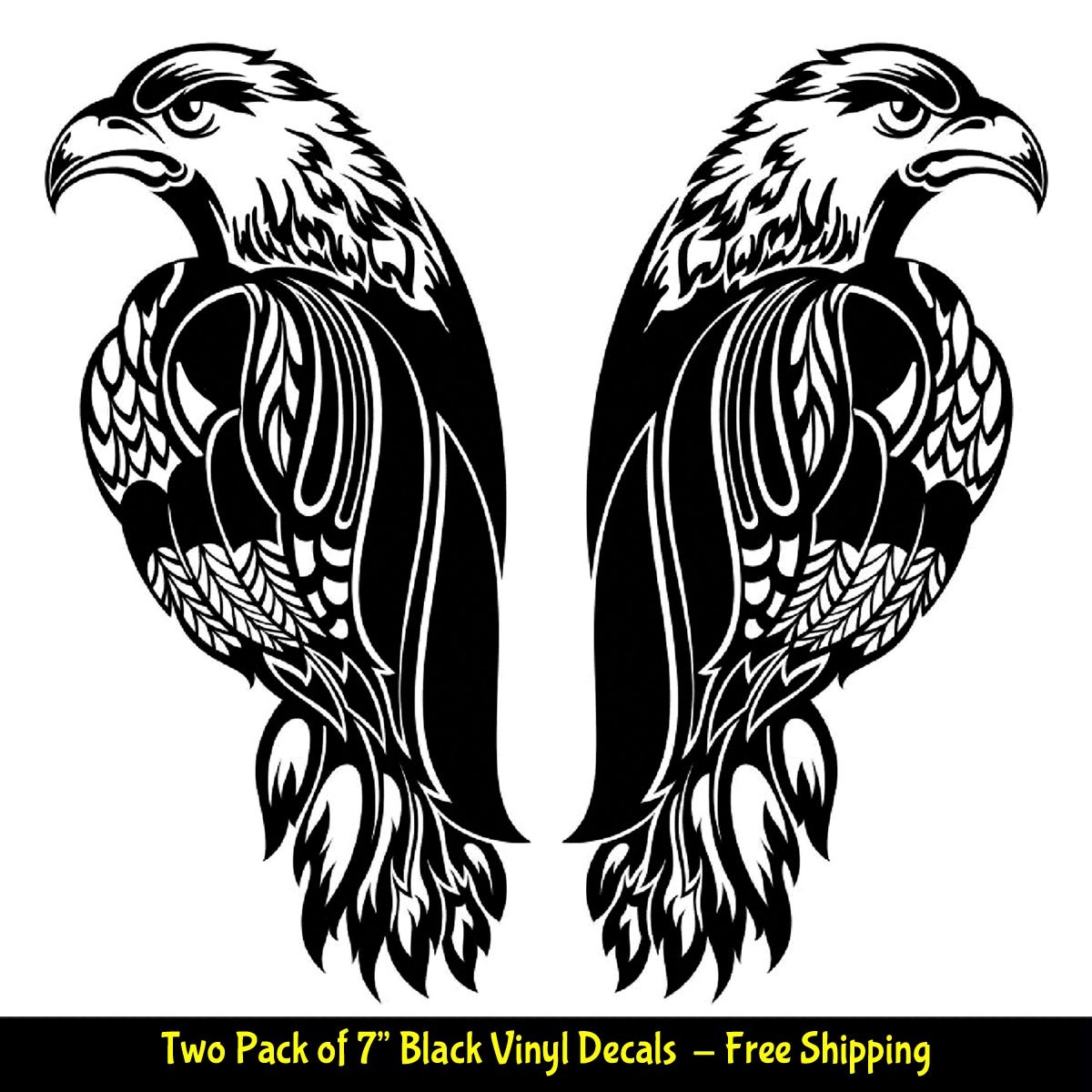 Bald Eagle Tribal Feathers Two 7" Mirrored Black Vinyl Decals Car Truck Bumper