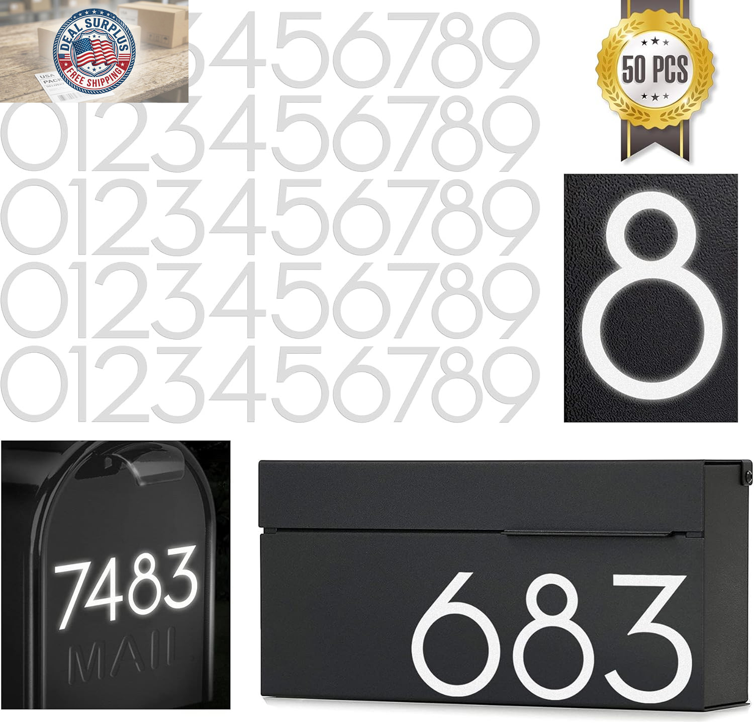 2 Inch Reflective Mailbox Numbers Sticker (0-9, 5 Sets) Modern Number Vinyl Wate