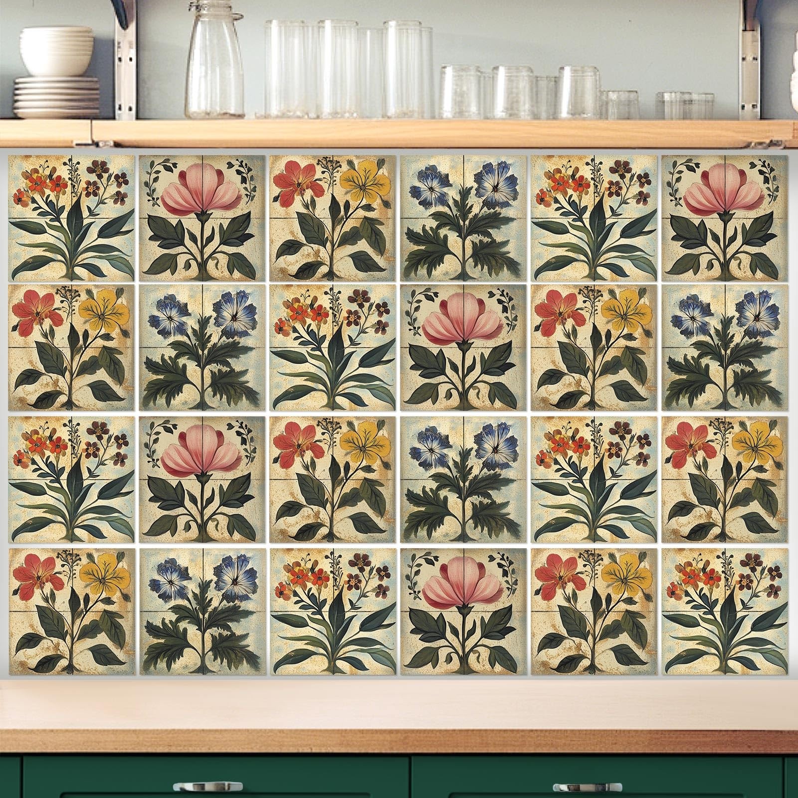 24 Pcs Flower Tile Stickers 4×4 Inch Watercolor Retro Rustic Floral Peel and …