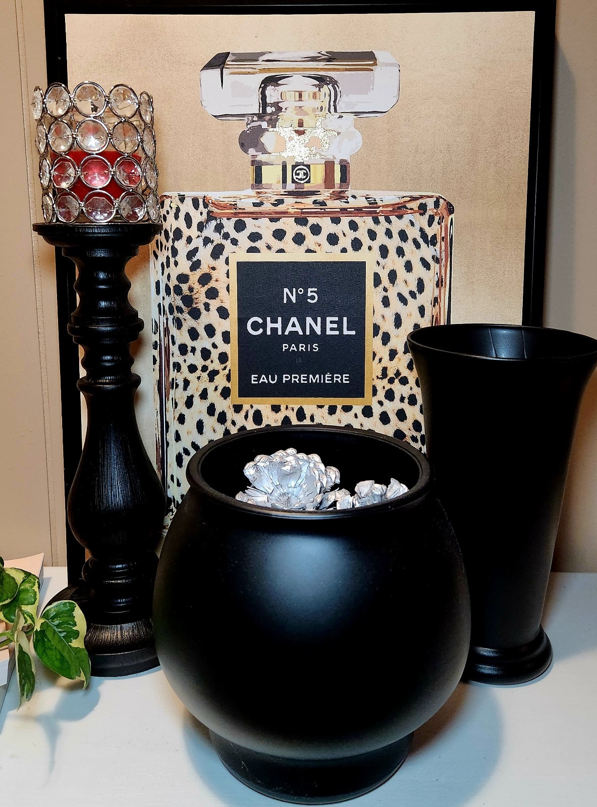 Black three piece decor set: Ceramic round vase, medium vase, & candle holder.