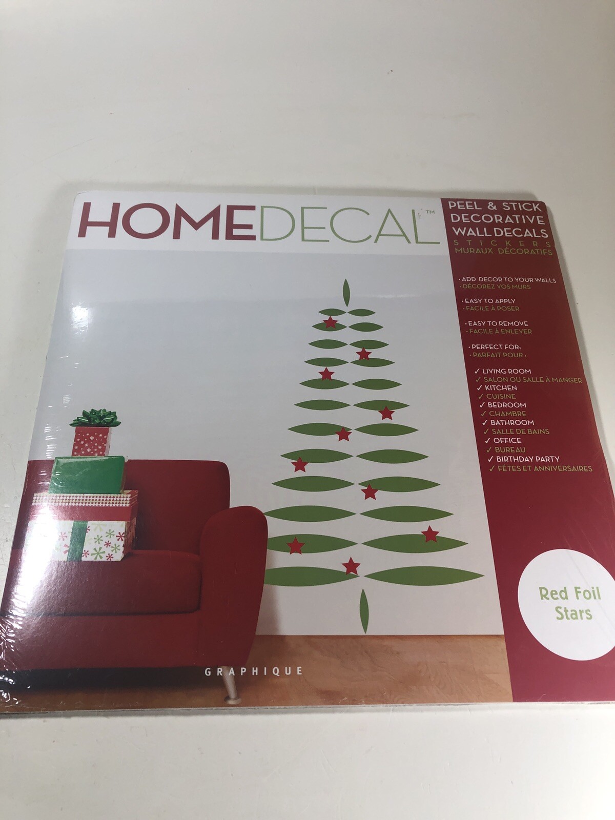 Graphique Home Decal Peel & Stick Wall Decals Red Foil Stars Christmas Tree NEW