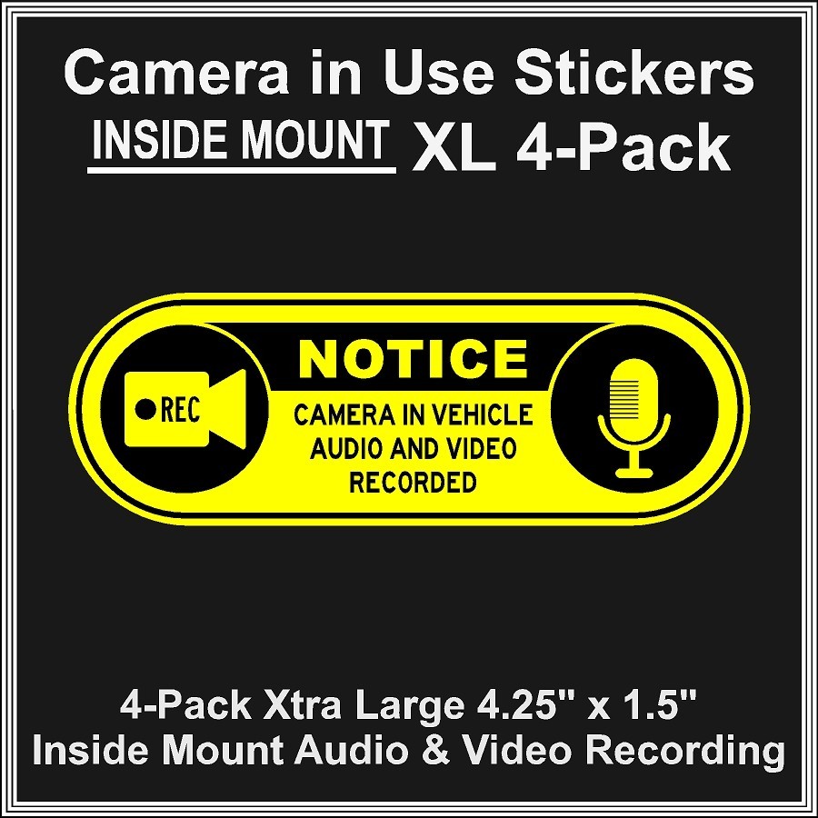 Camera in Car Recording Video XL 4-Pack INSIDE MOUNT Decals Yellow Blac 4.25×1.5