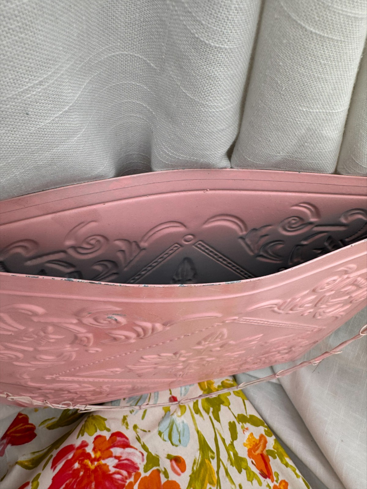 Pink Metal Embossed Floral Tin Tile Wall Pocket Hanging Planter 15" Shabby Chic