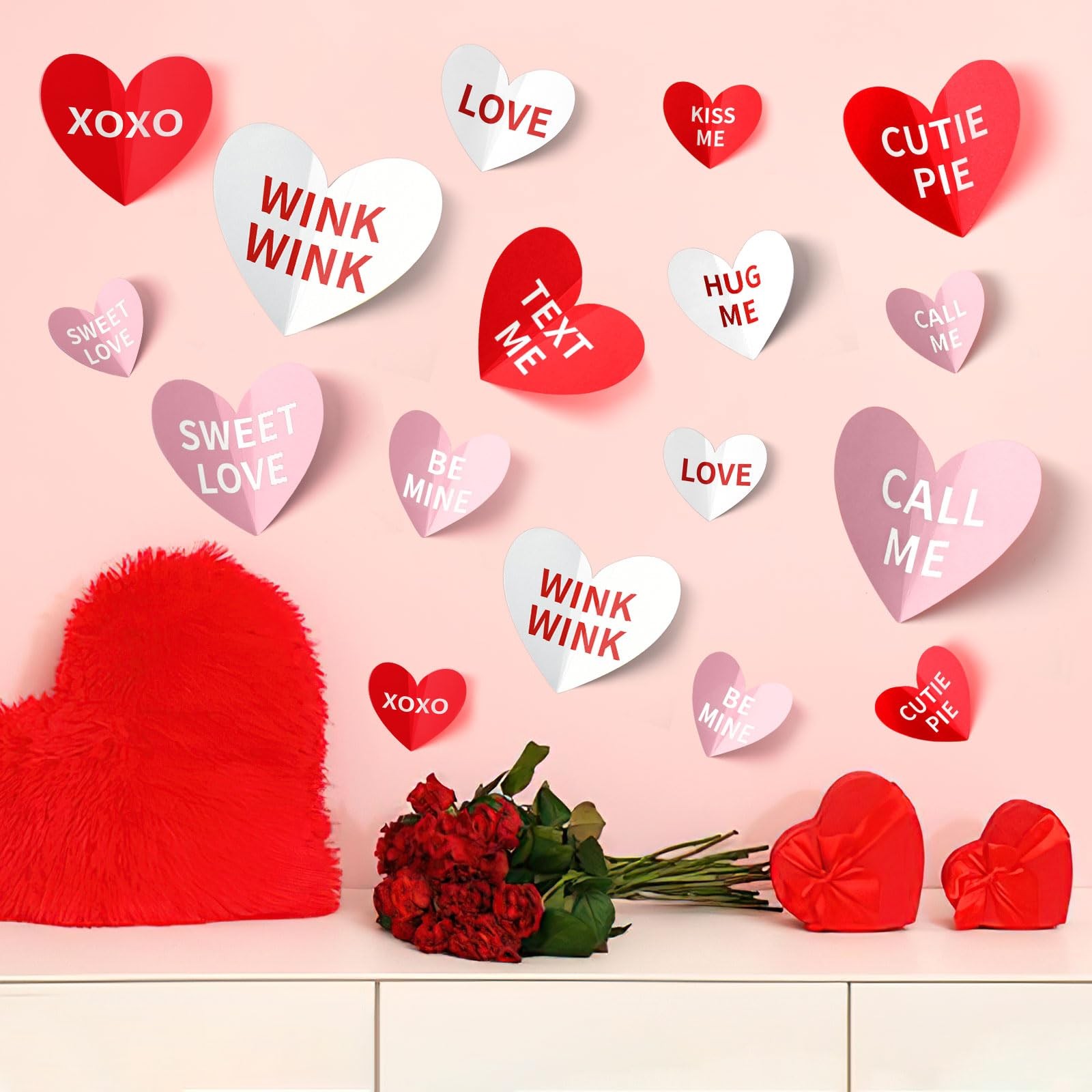 60PCS Valentine's Day Heart Wall Stickers, Valentines Wall Pink Red Decoratio…