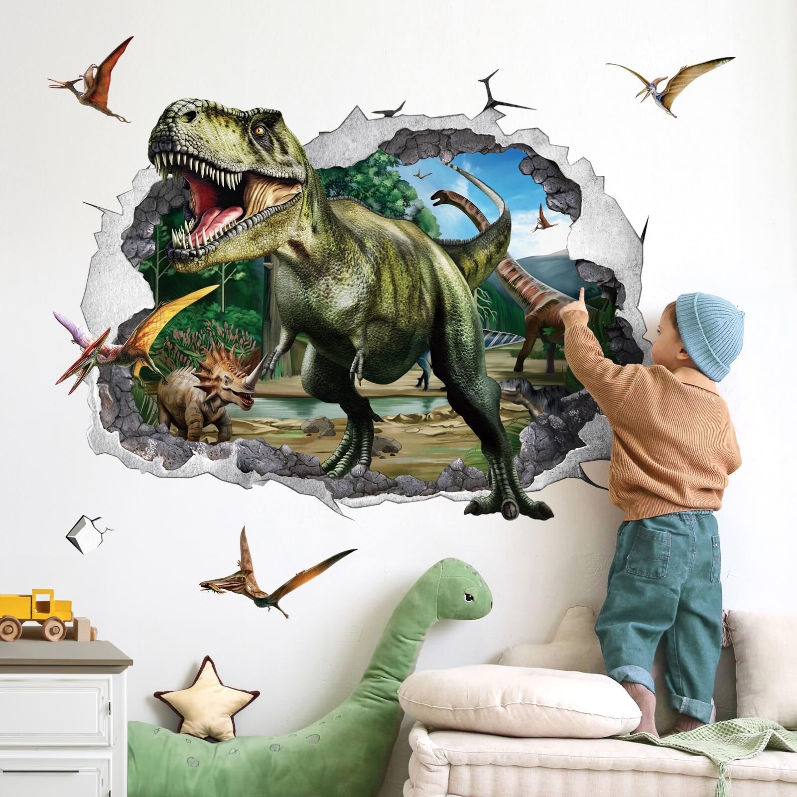 wondever 3D Large Dinosaur Wall Stickers Dino Crack Hole Dinosaur Animal Peel…
