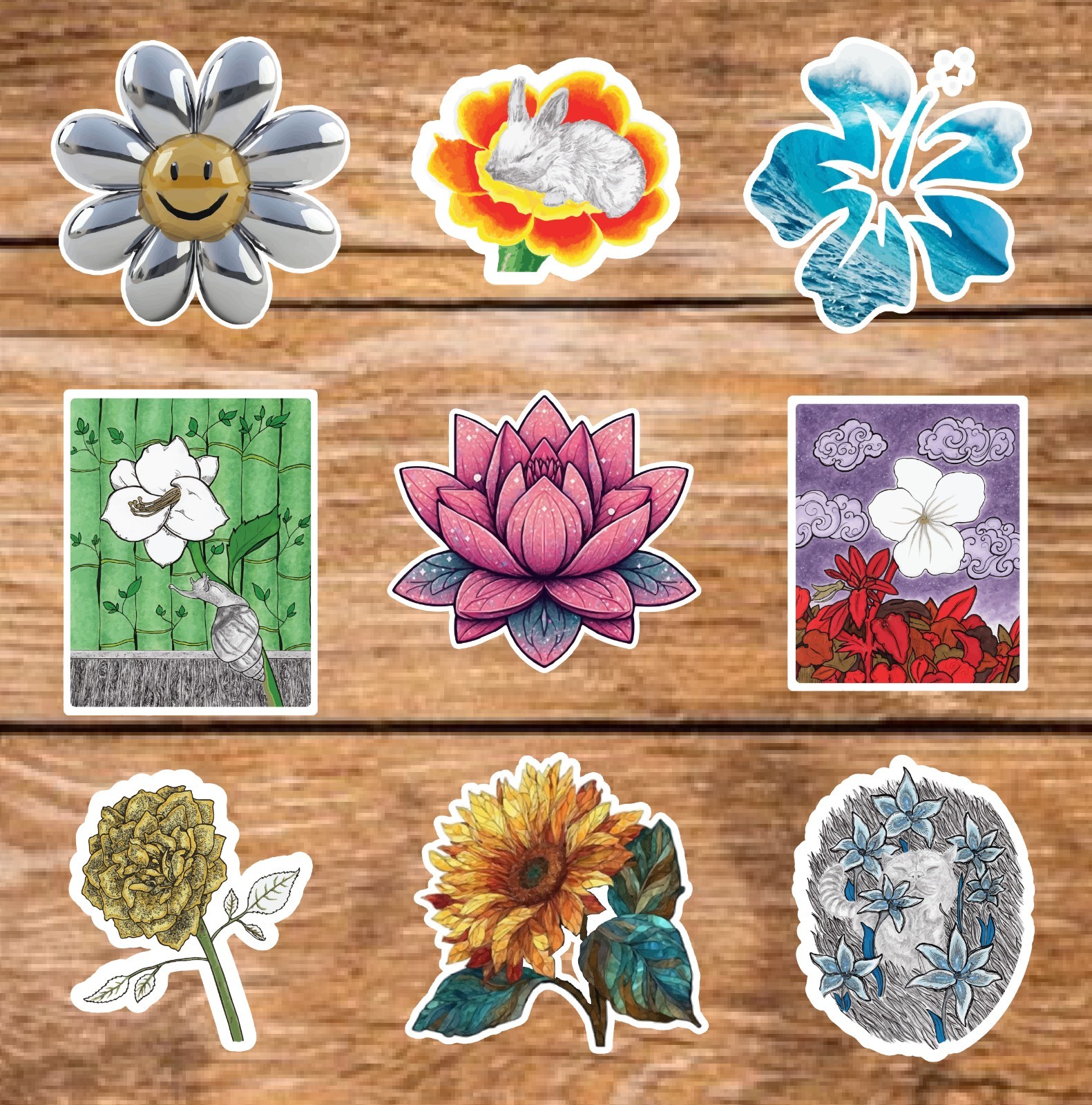 Flower – 2 Pages (18 Sticker Set) 2in, Waterproof, Glossy Finish Vinyl.