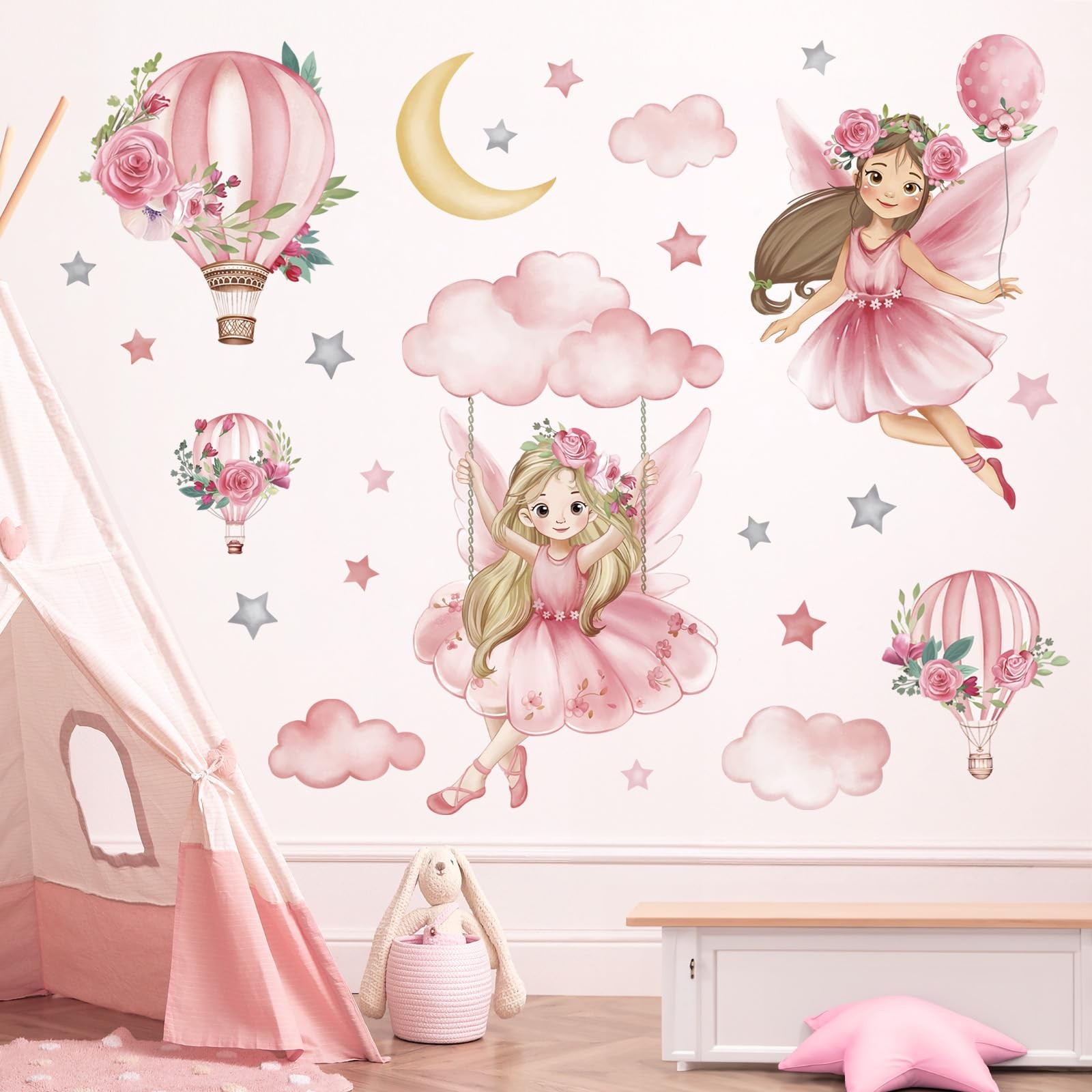Pink Fairy on Swing Wall Stickers Girl Hot Balloon Flowers Peel and Stick Wal…