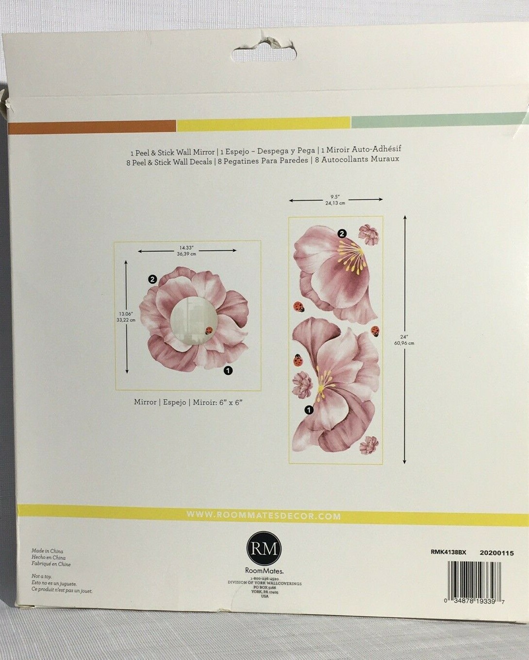 RoomMates Pink Peony Floral Mirror Peel & Stick 8 Wall Decals 13" x 14.3"