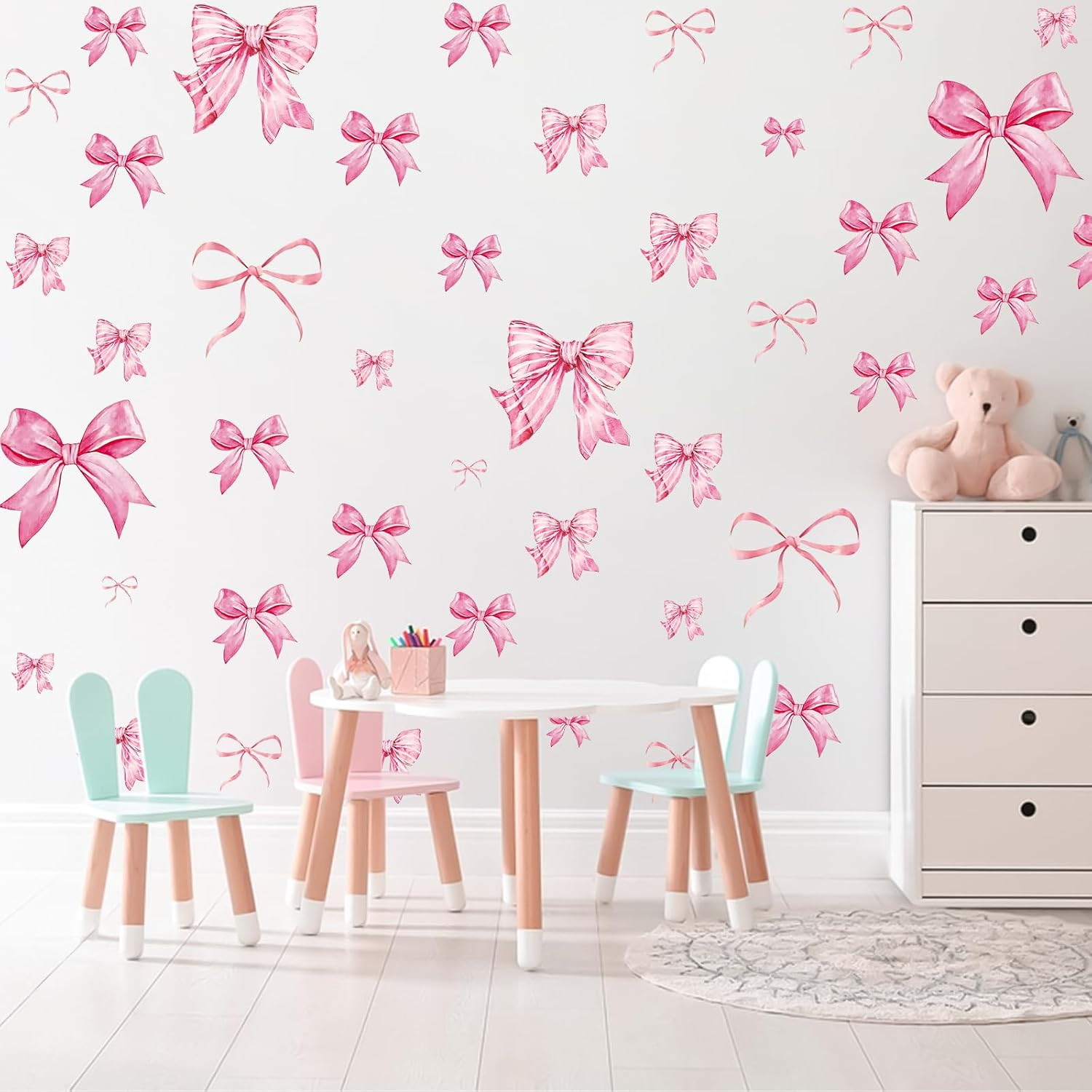 Pink Bow Wall Stickers, 8 Sheets 46 Pcs | Bow Knot Wall Decals Watercolor Bow Wa
