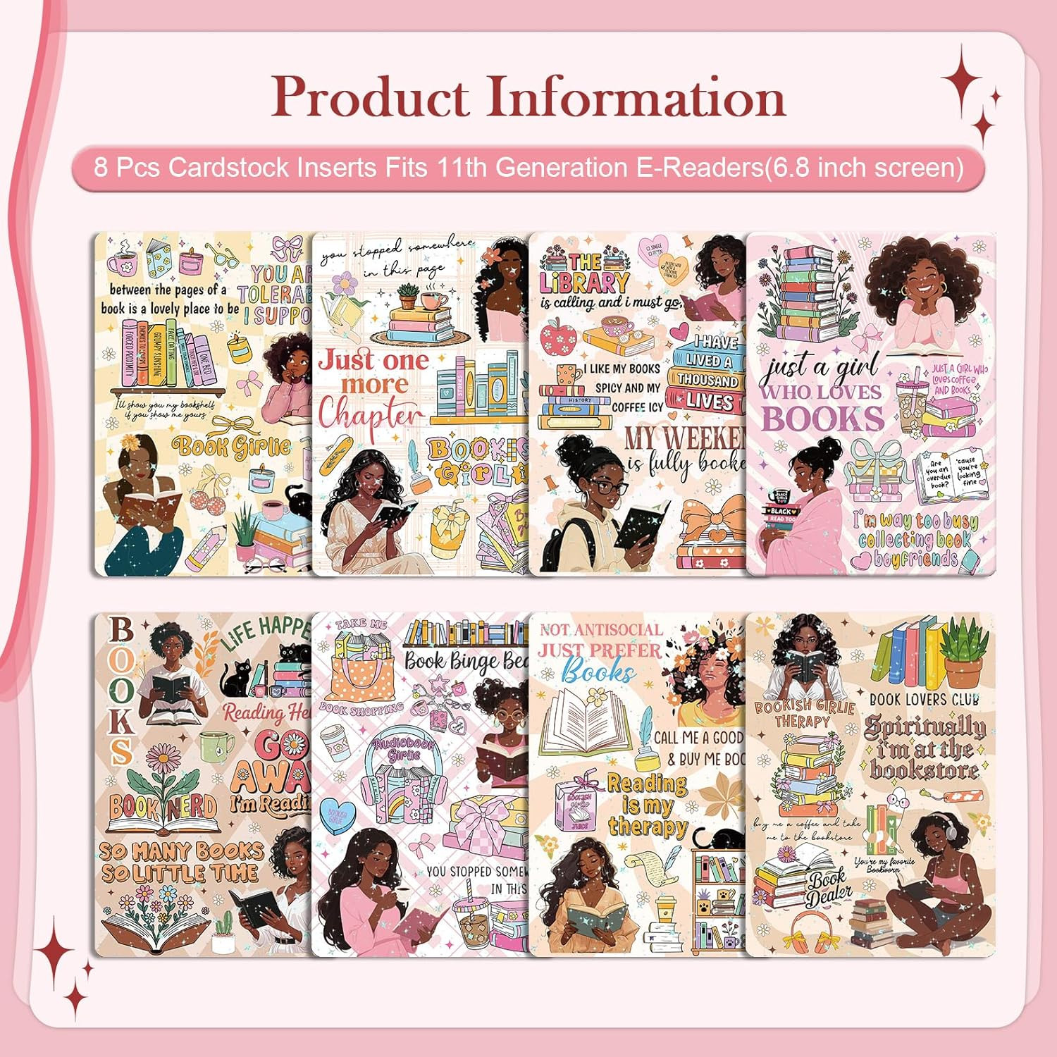 Insert Cardstock for Clear Case – 8 Pcs Black Girl Reading Books Cardstock Inser