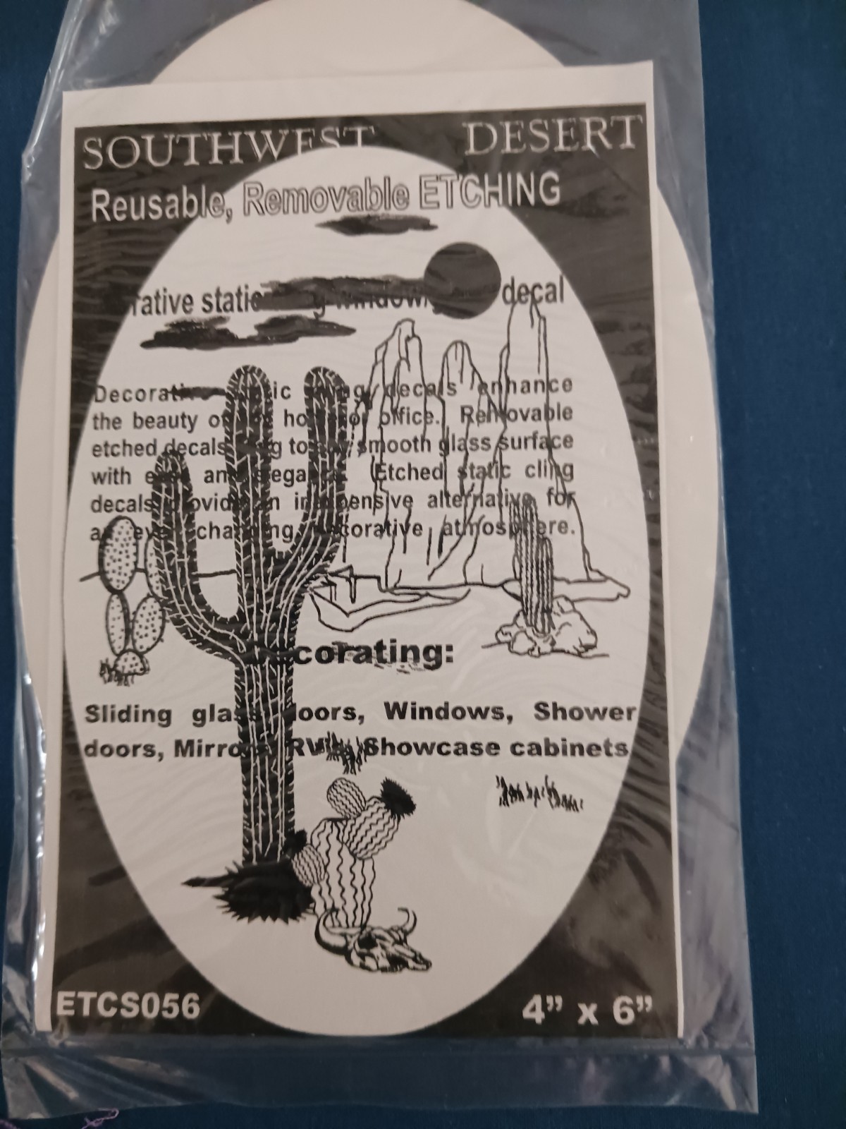 Southwest Desert Decal 4"x6" OVAL Etched Glass Look Cling Removable Reusable 56