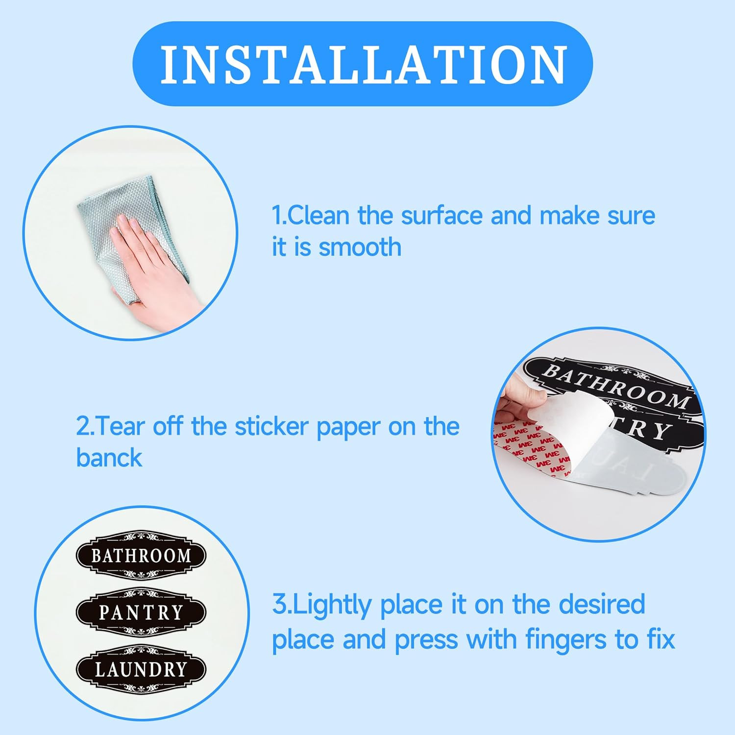 3PCS Bathroom/Laundry Room/Pantry Door Signs Sticker, Self-Adhesive Weatherproof