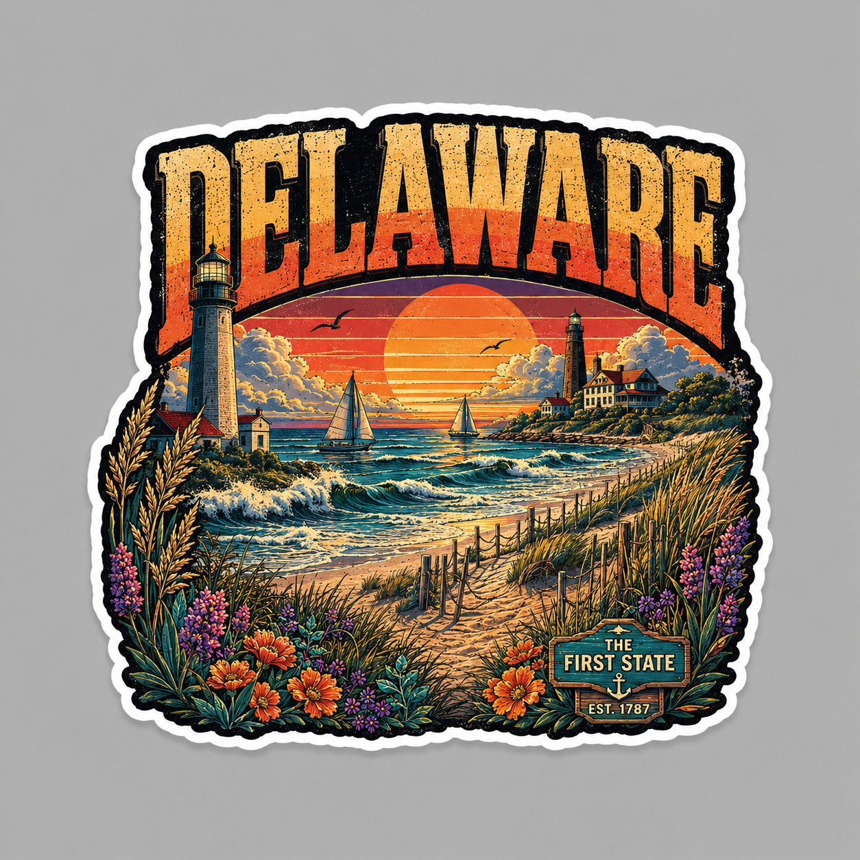 Delaware Sticker Vinyl Decal Lighthouse Coastal Beach Ocean First State Travel