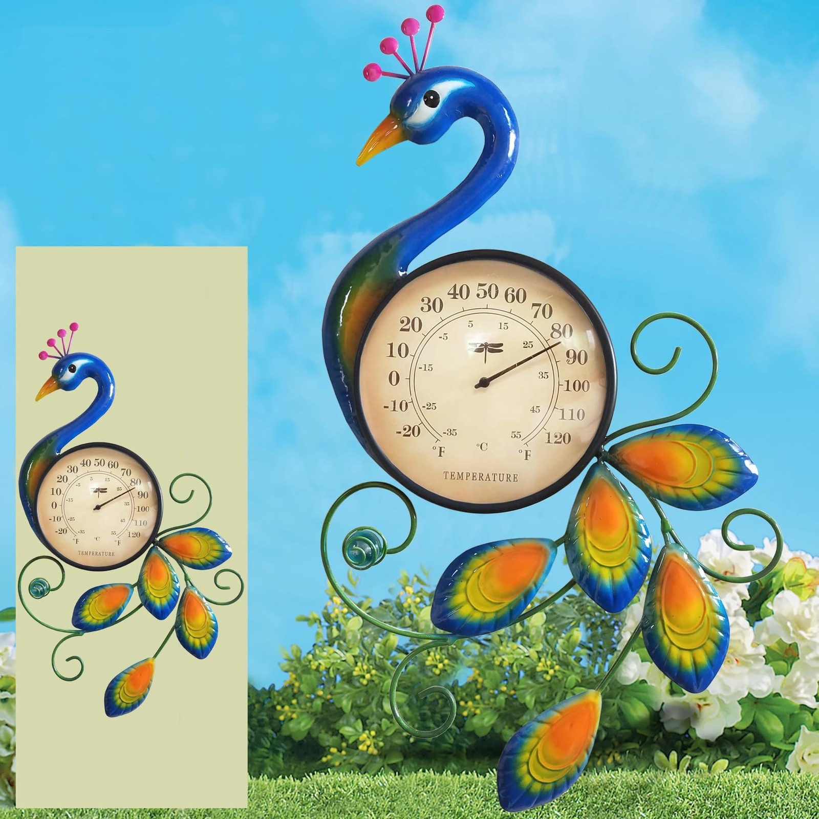 Metal Peacock Thermometer Indoor Outdoor Wall Art Decor Plaque Sculpture Hang…