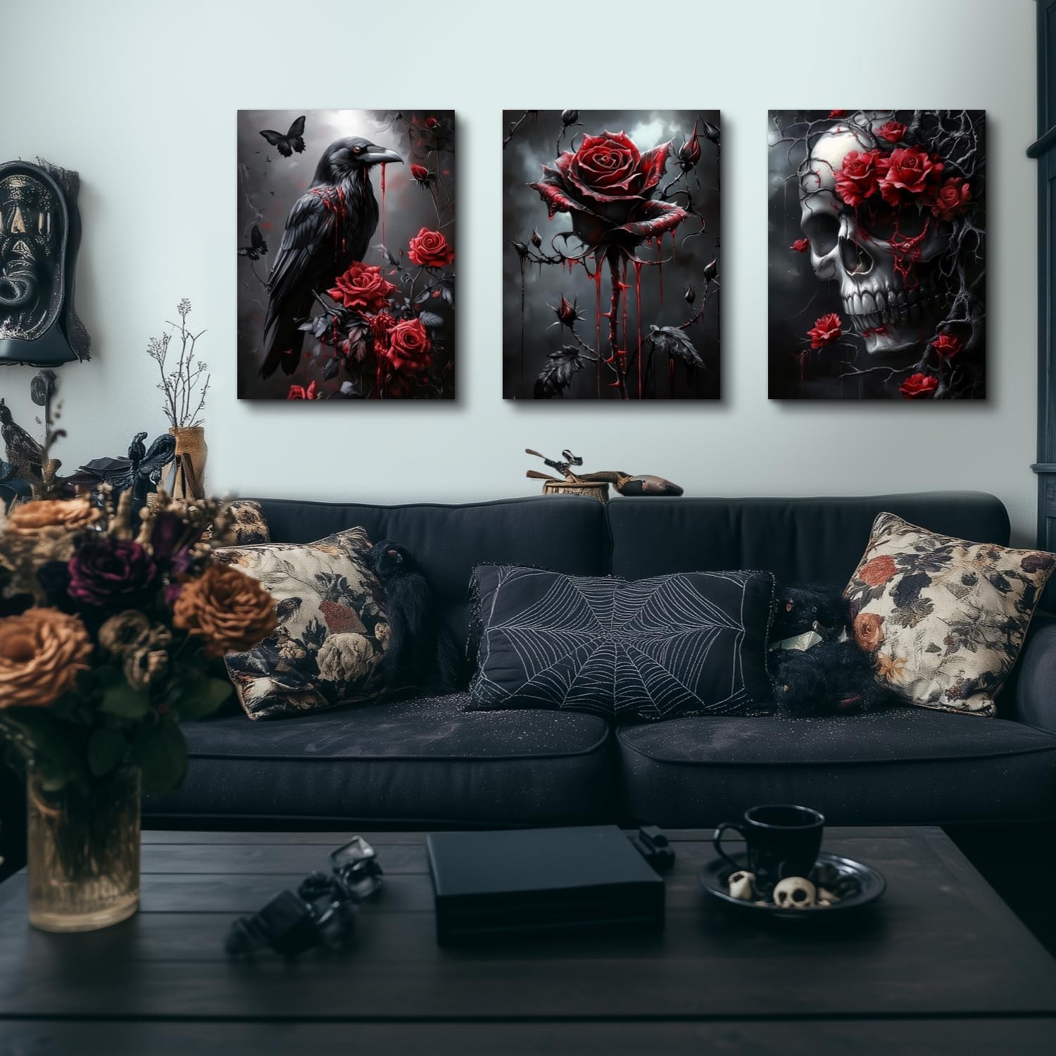 Horror Gothic Canvas Wall Art, Romance Raven Rose Halloween Wall Decor, Blood…