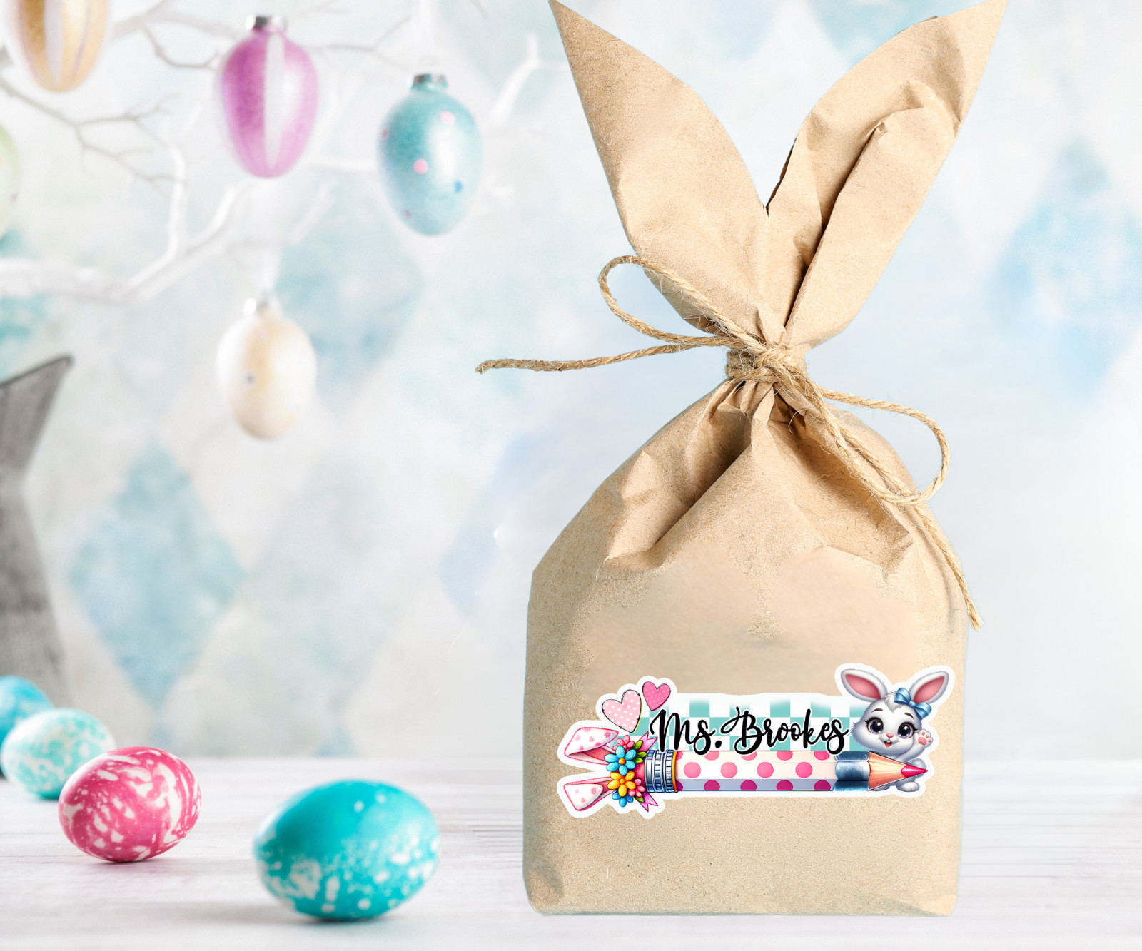 Personalized Teacher Name Sticker, Easter Bunny Pencil, Waterproof Vinyl Gift