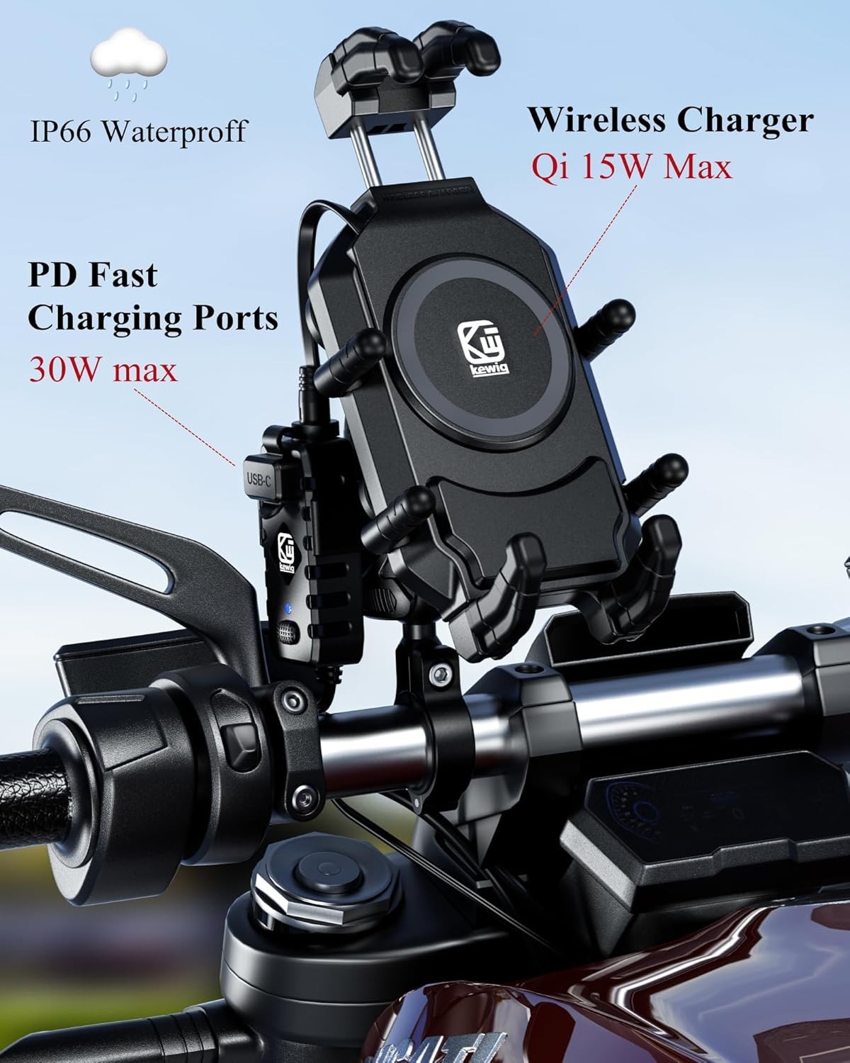 Motorcycle Phone Mount Holder with Qi 15W Wireless Charger & 30W PD/USB-C Fast C