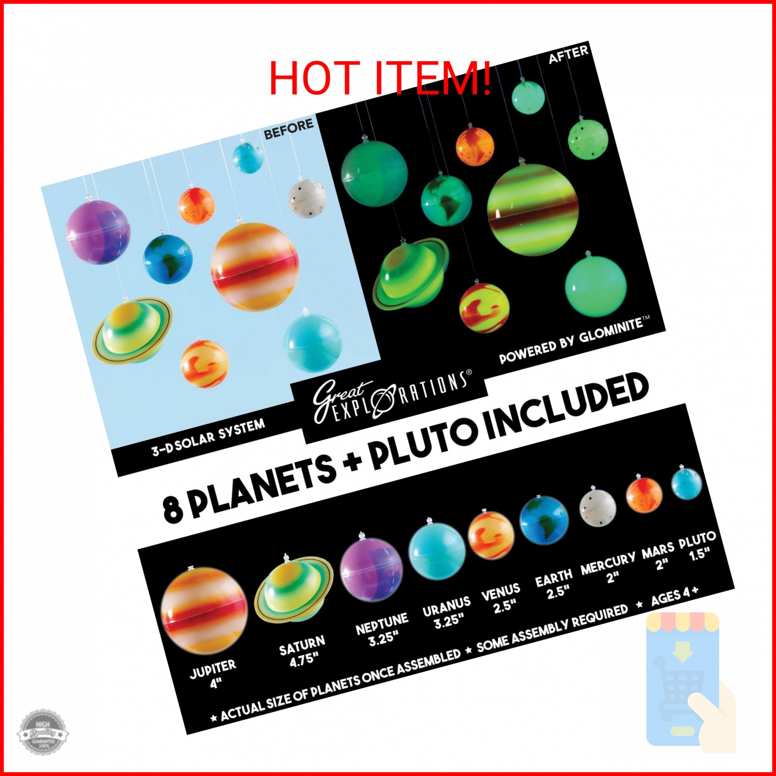 Great Explorations, 3-D Solar System Glow In The Dark Ceiling Hanging Kit 3D Pla