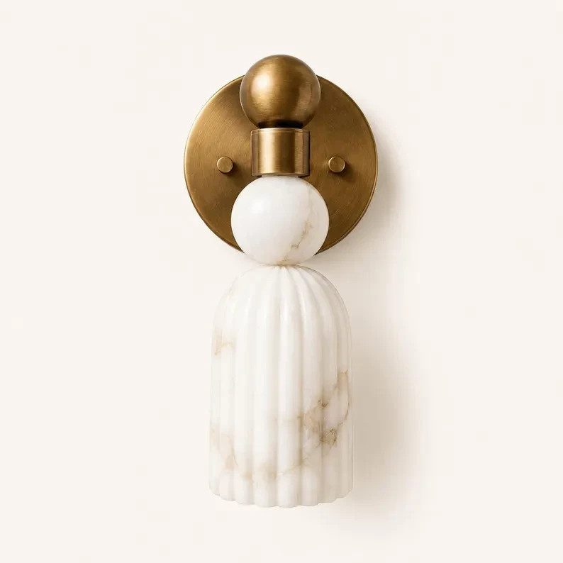 Handmade Alabaster Marble Wall Sconce | Brass Fluted Light, Modern Bedside Lamp