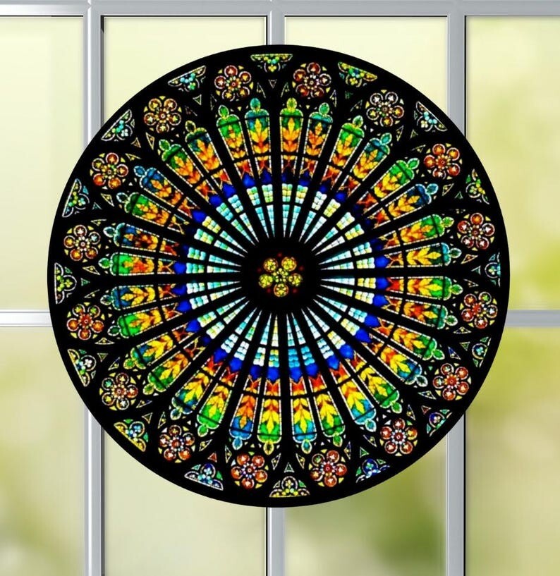 Rose Window Faux Stained-Glass WINDOW CLING Size 8" Round Repositionable Vinyl