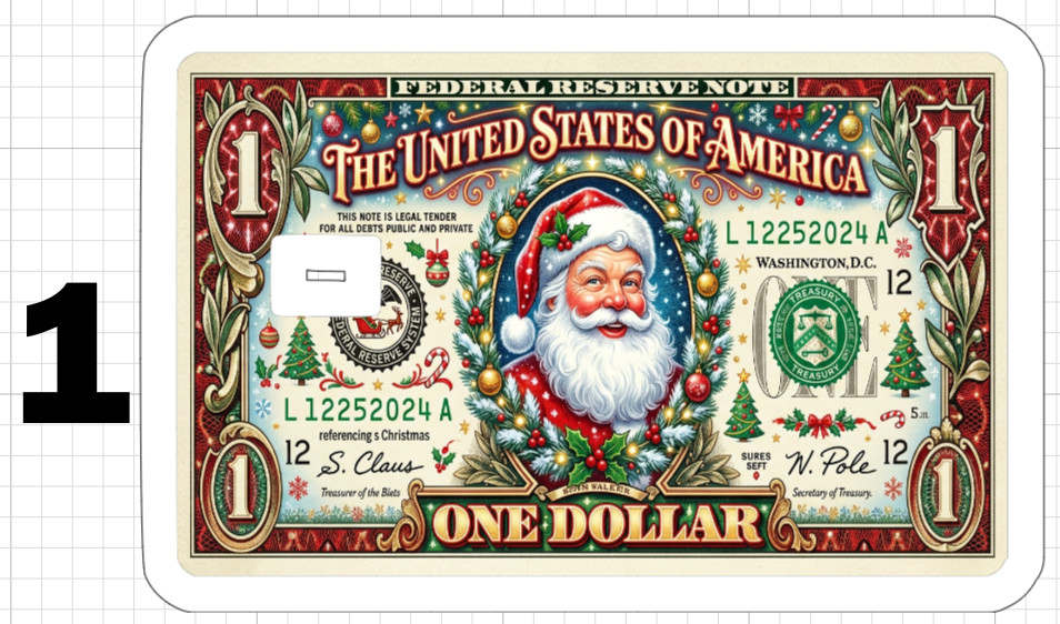Christmas One Dollar Bill Credit Debit Card Skin ATM Sticker Gift Holiday Santa