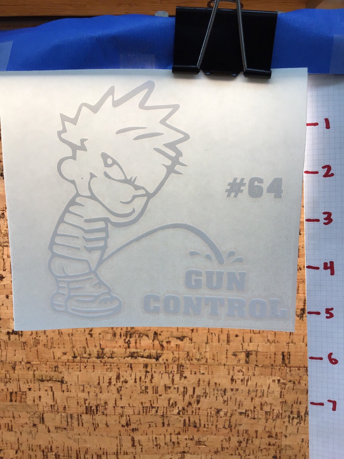 Calvin Pee On Gun Control – White – Vinyl Transfer Decal – Y7-1.65