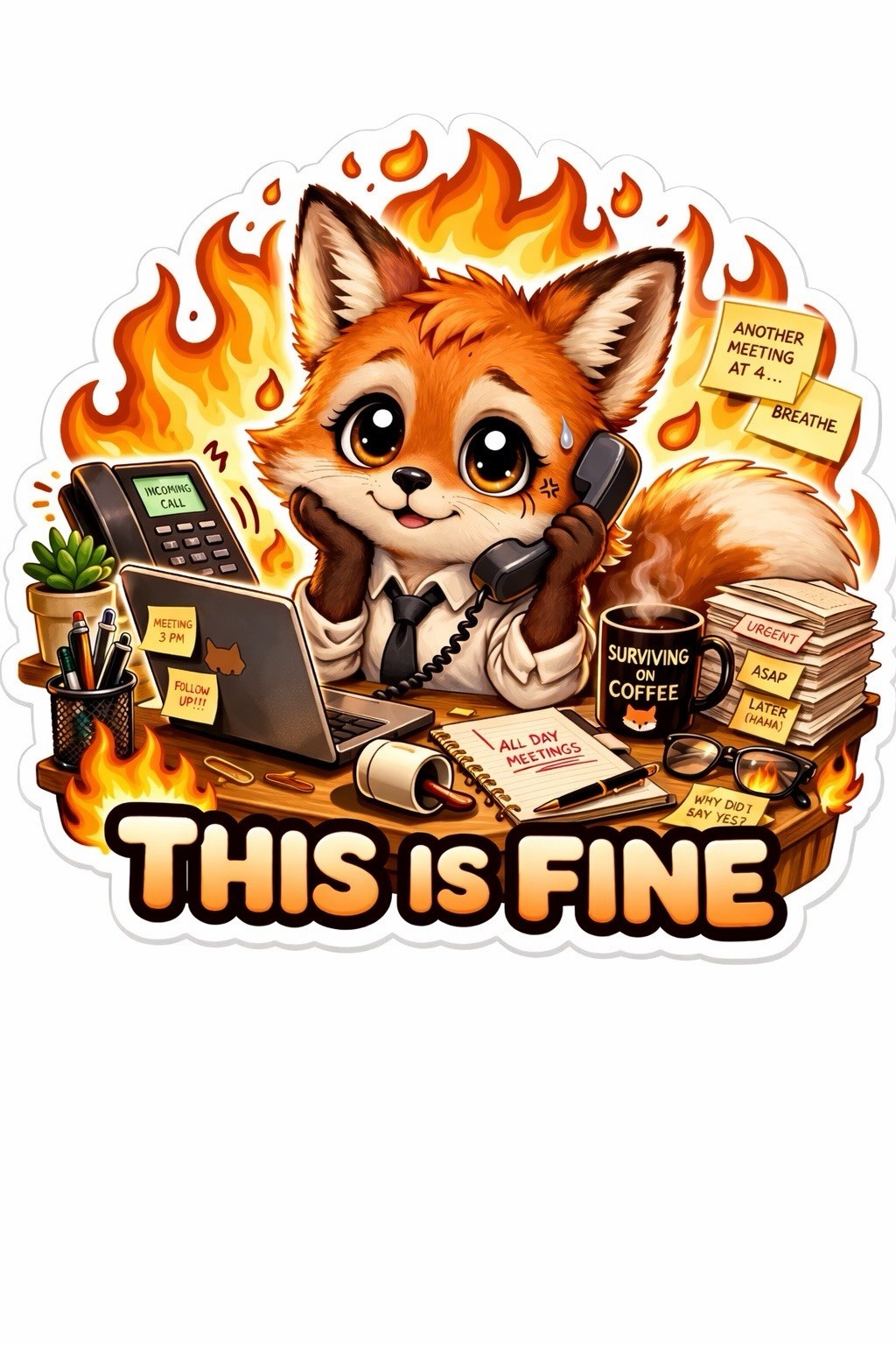 This Is Fine Animal Sticker Set, Funny Office Burnout Meme Decal Pack