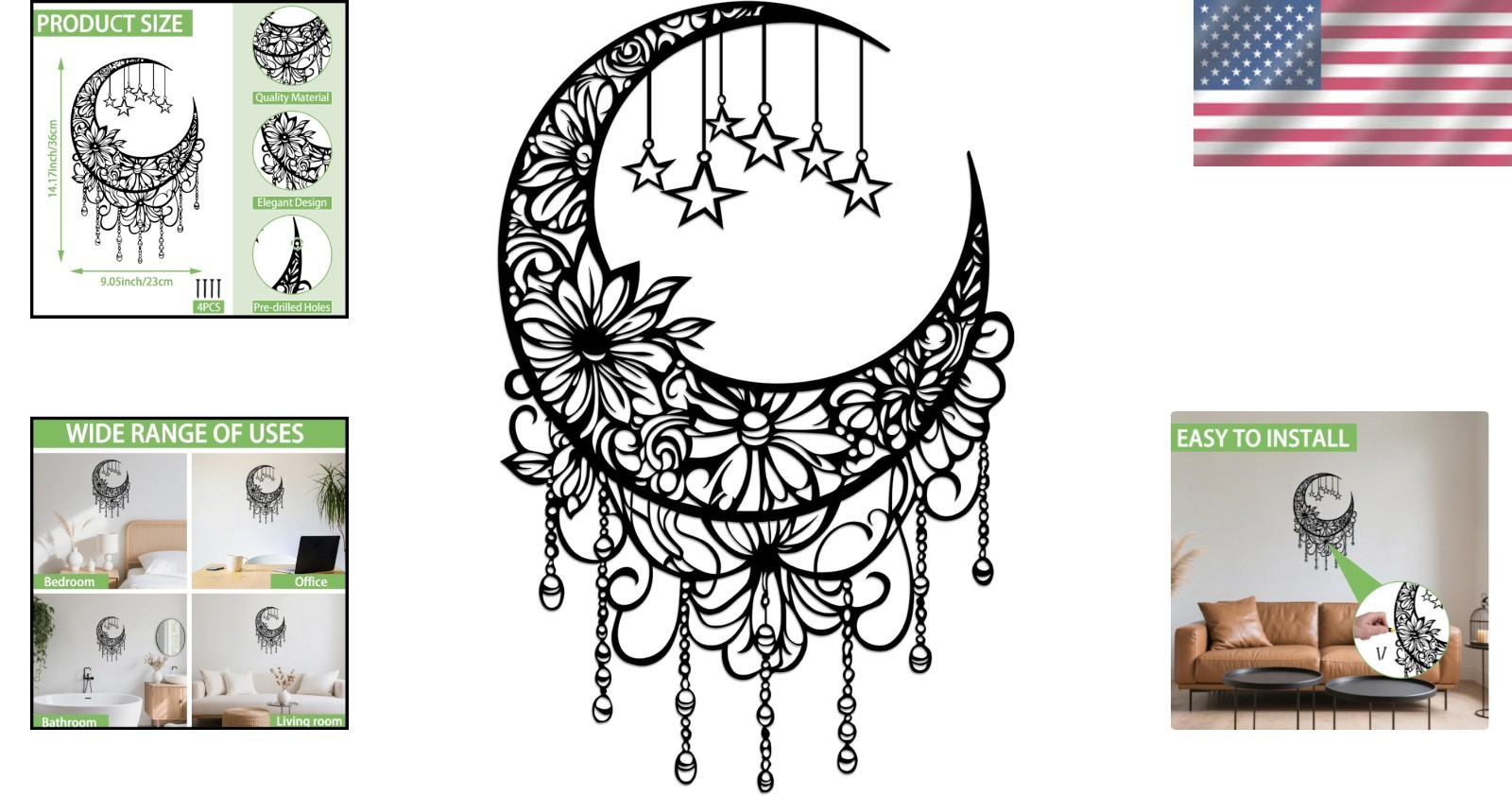 Black Metal Moon Wall Decor Boho Moon Phase Wall Art with Hanging Stars Flora…