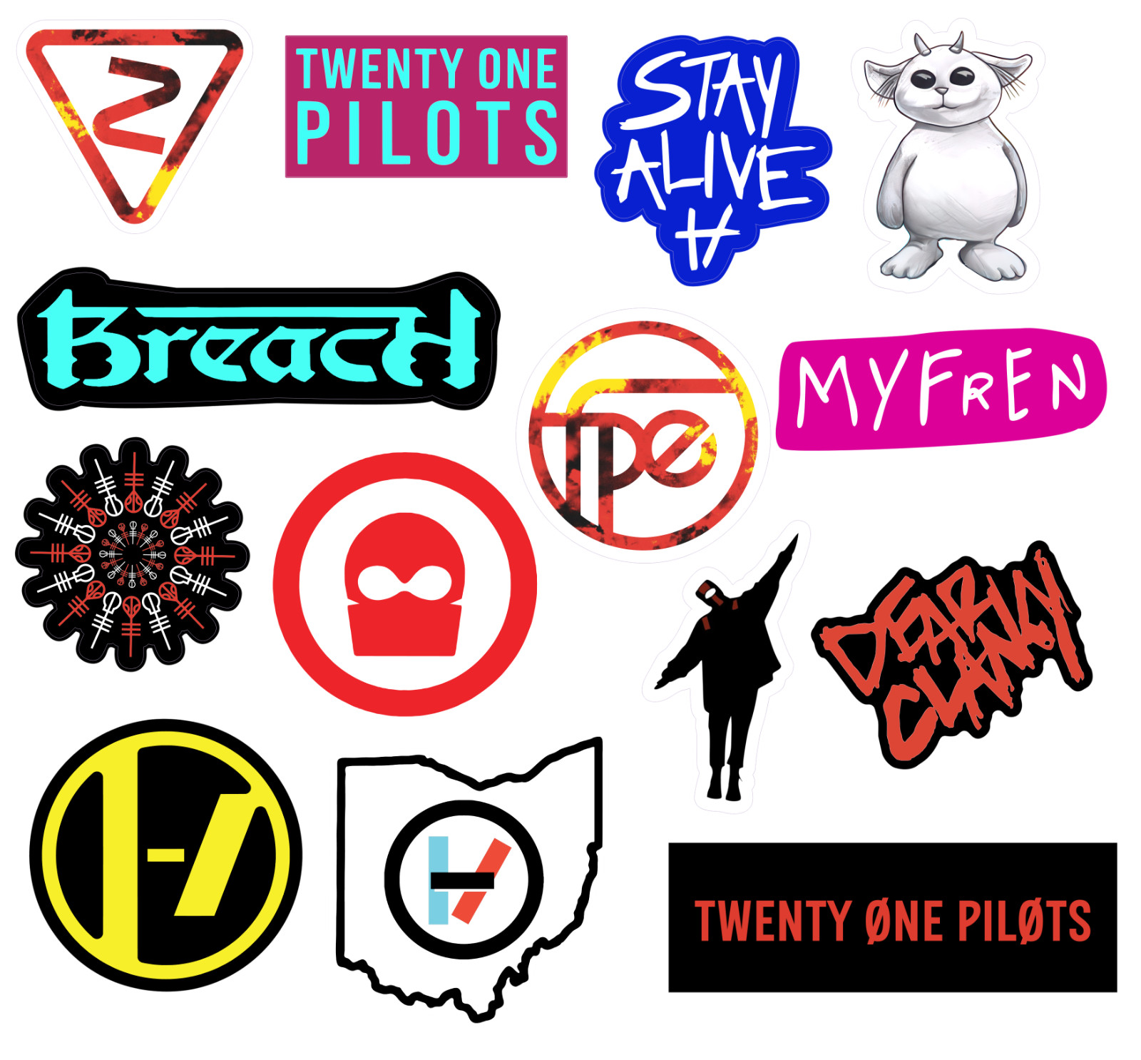 Twenty One Pilots sticker sets, Water Resistant, easy peel, 2-3", 12 Sets