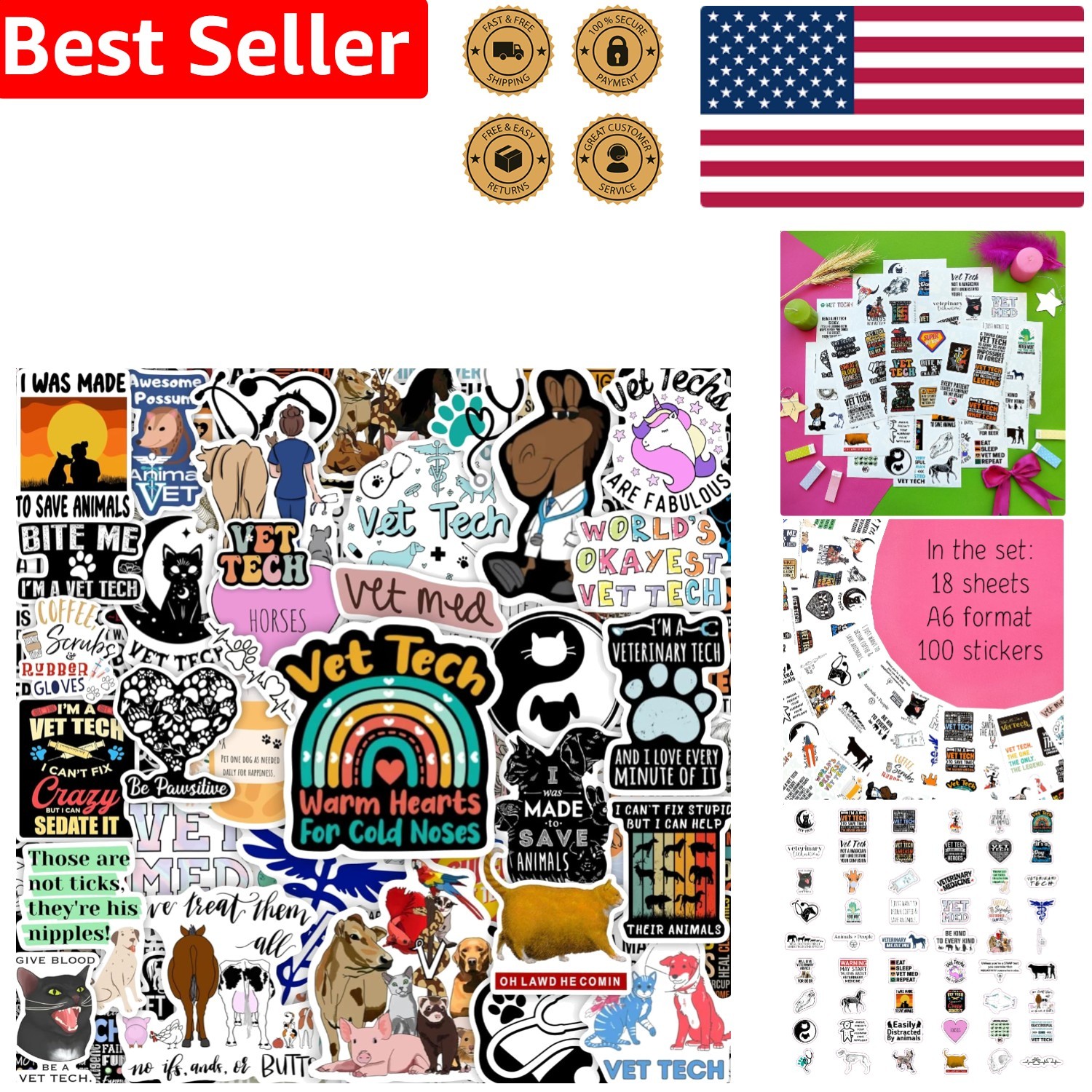 Veterinary Technician Gifts 100pcs Funny Vinyl Stickers Waterproof Laptop