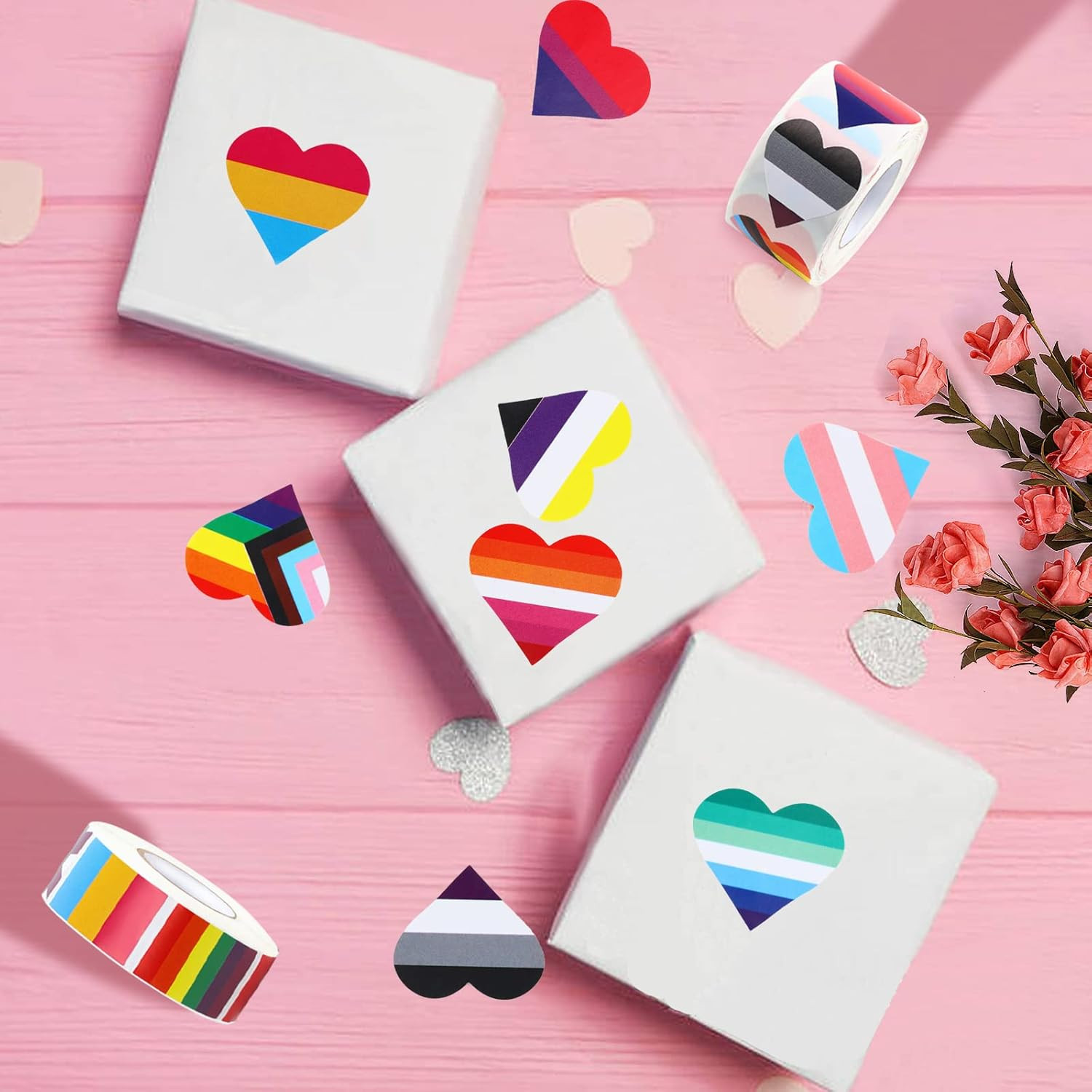 Rainbow Pride Sticker Roll 1000 PCS Heart Flag Labels Pride Month Parade Event