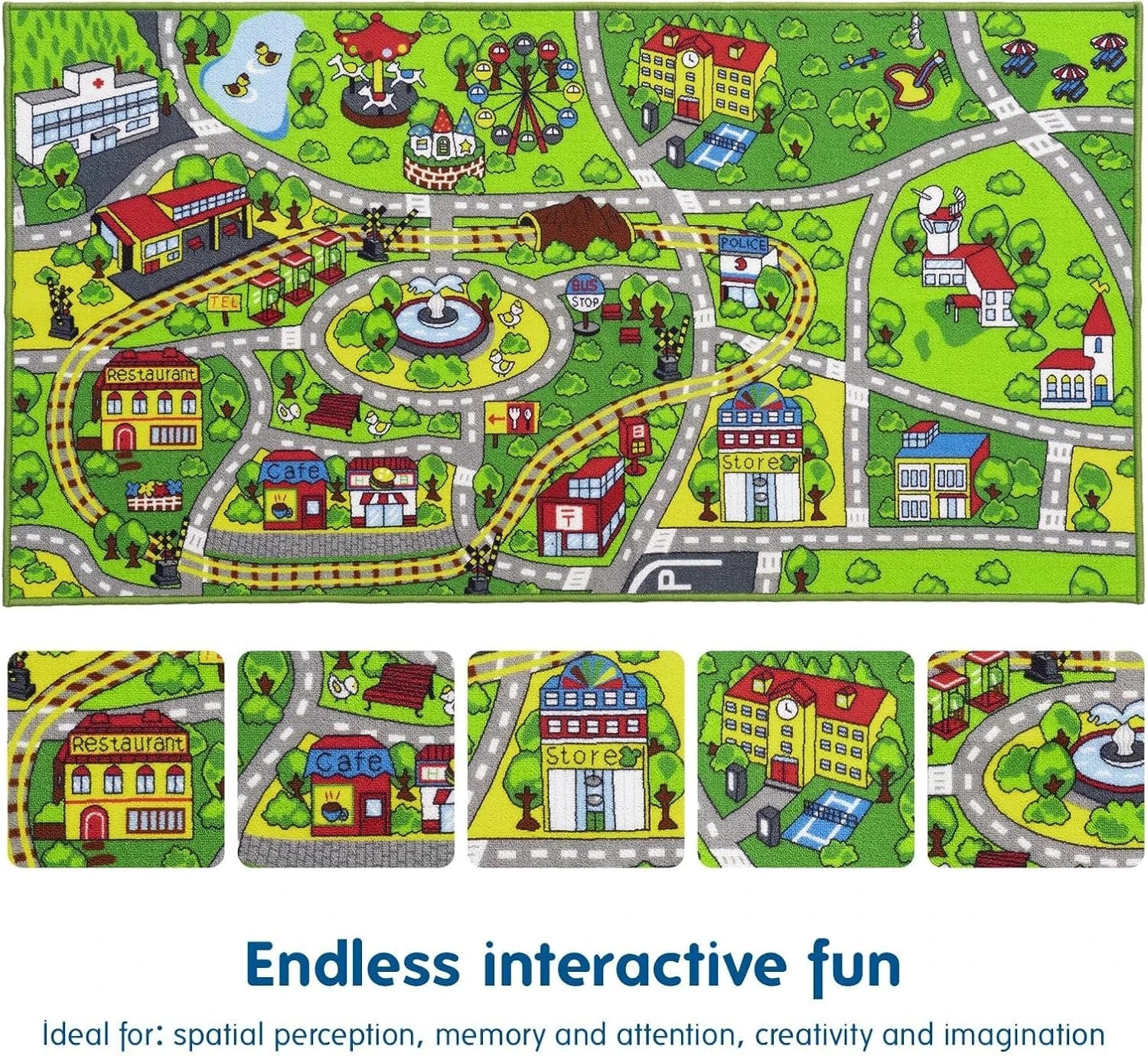 Kids' Train & City Rug – Non-Slip, Washable, Race Car Track Play Mat for Boys &
