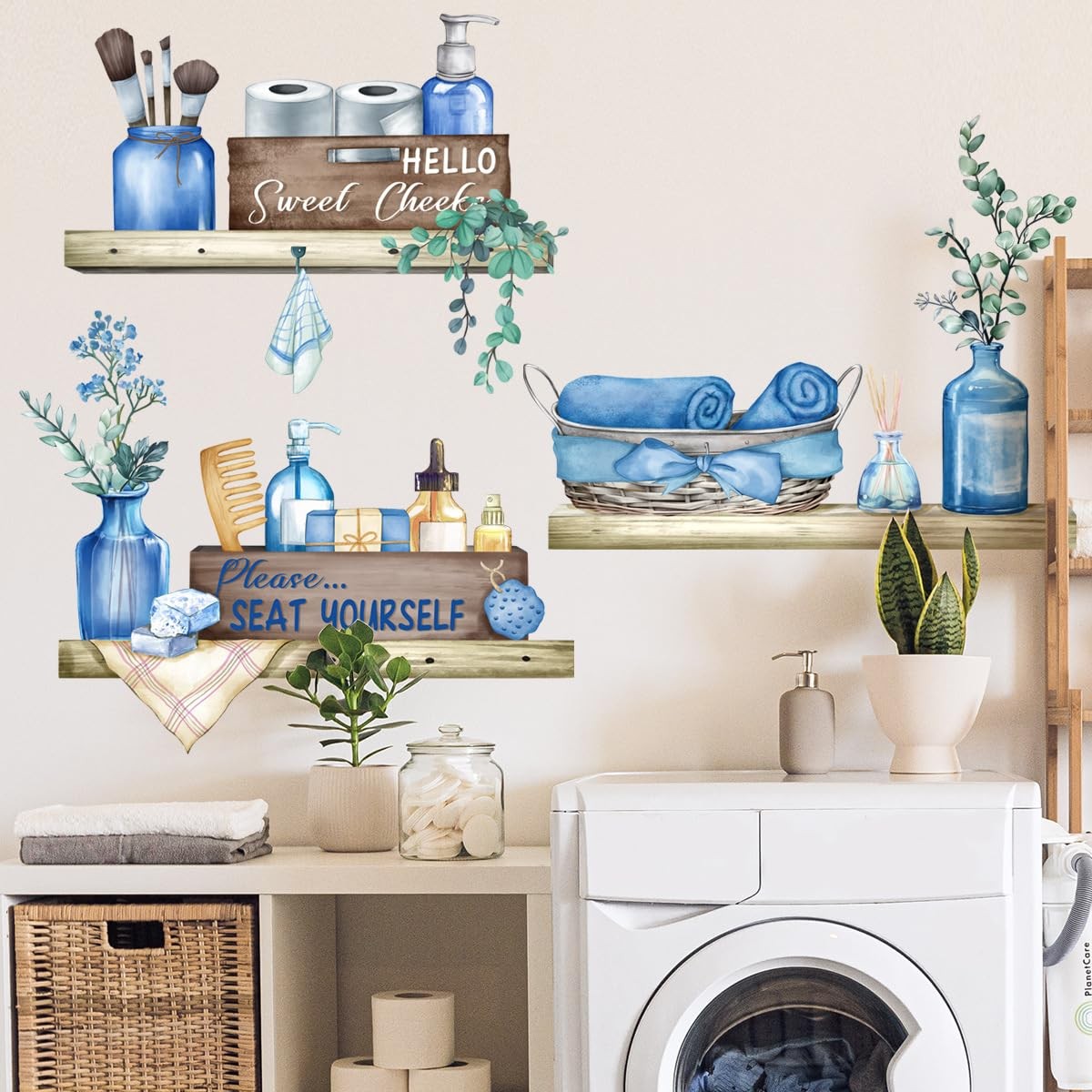 Blue Towel Shelf Wall Decals Cosmetic Brush Organizer Wall Stickers for Bathroom