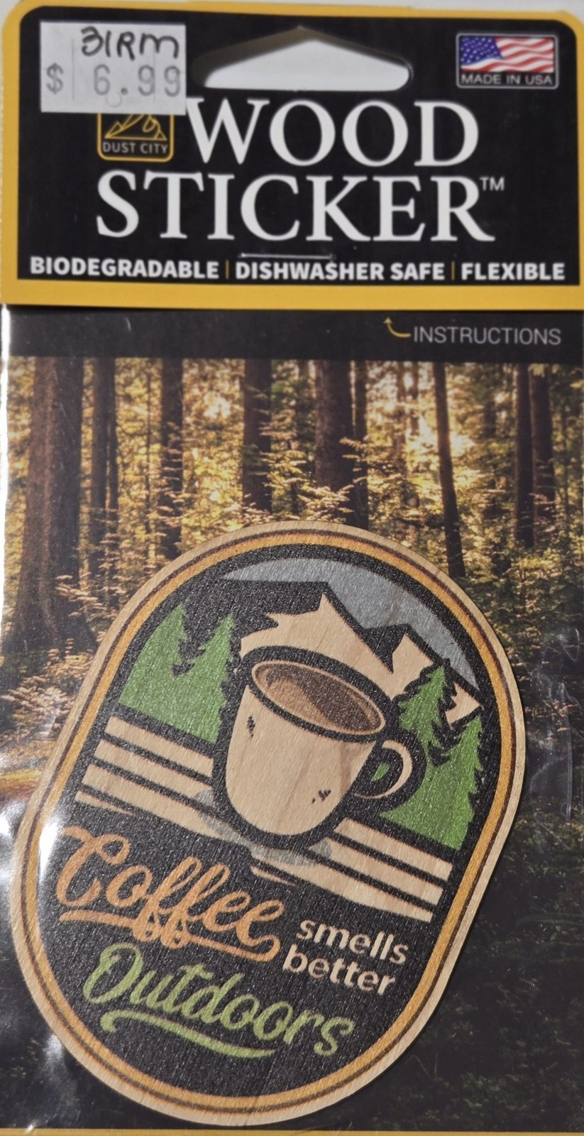 Dust City Wood Sticker "Coffee" biodegradable, dishwasher safe, flexible. USA